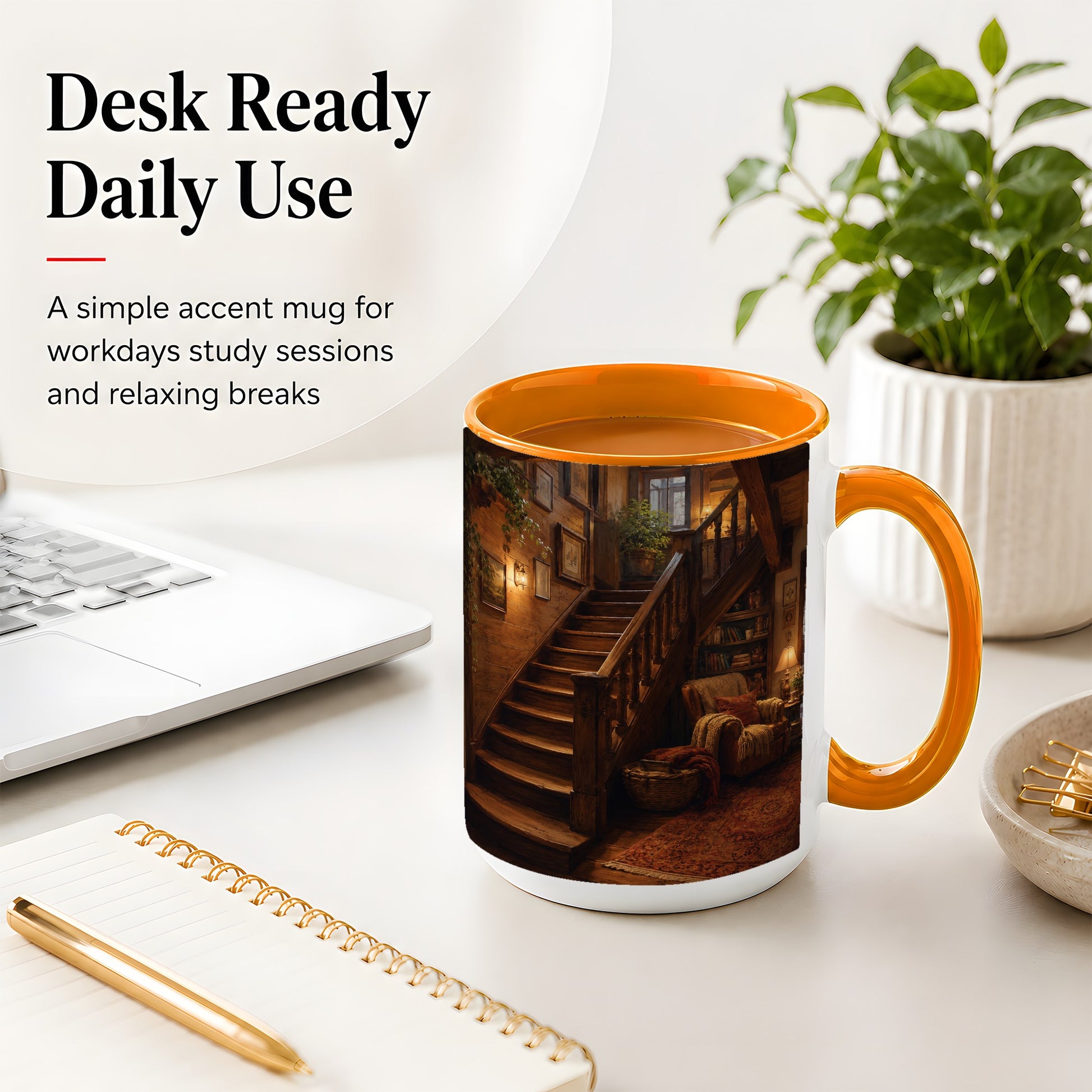 #pl[15oz|Orange] Cozy Wooden Staircase Ceramic Mug, Warm Cottage Interior Art