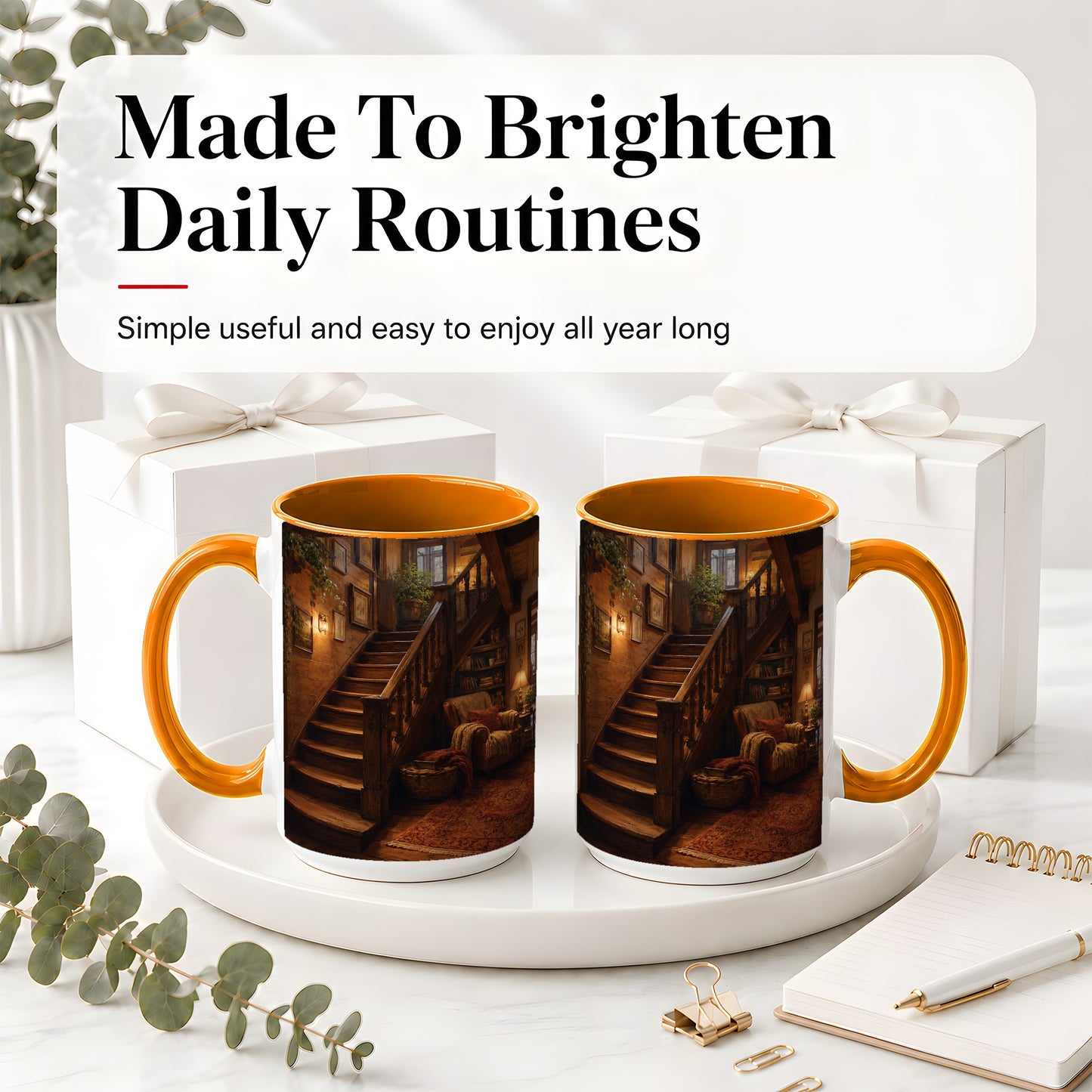 #pl[15oz|Orange] Cozy Wooden Staircase Ceramic Mug, Warm Cottage Interior Art