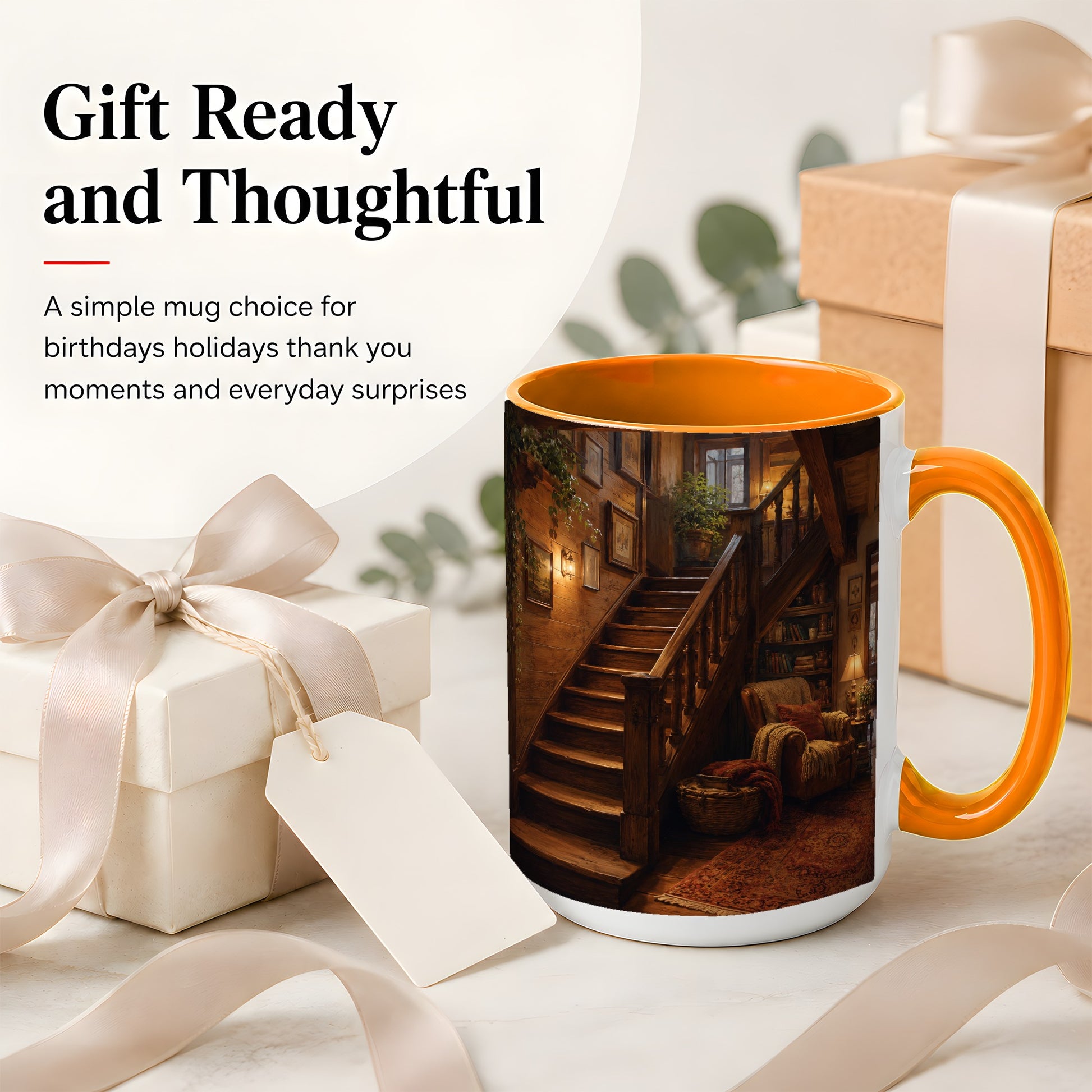 #pl[15oz|Orange] Cozy Wooden Staircase Ceramic Mug, Warm Cottage Interior Art