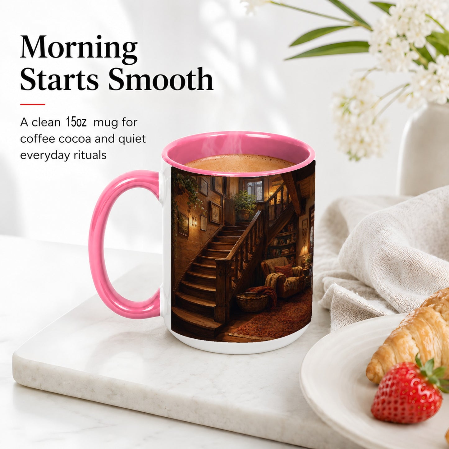 #pl[15oz|Pink] Cozy Wooden Staircase Ceramic Mug, Warm Cottage Interior Art