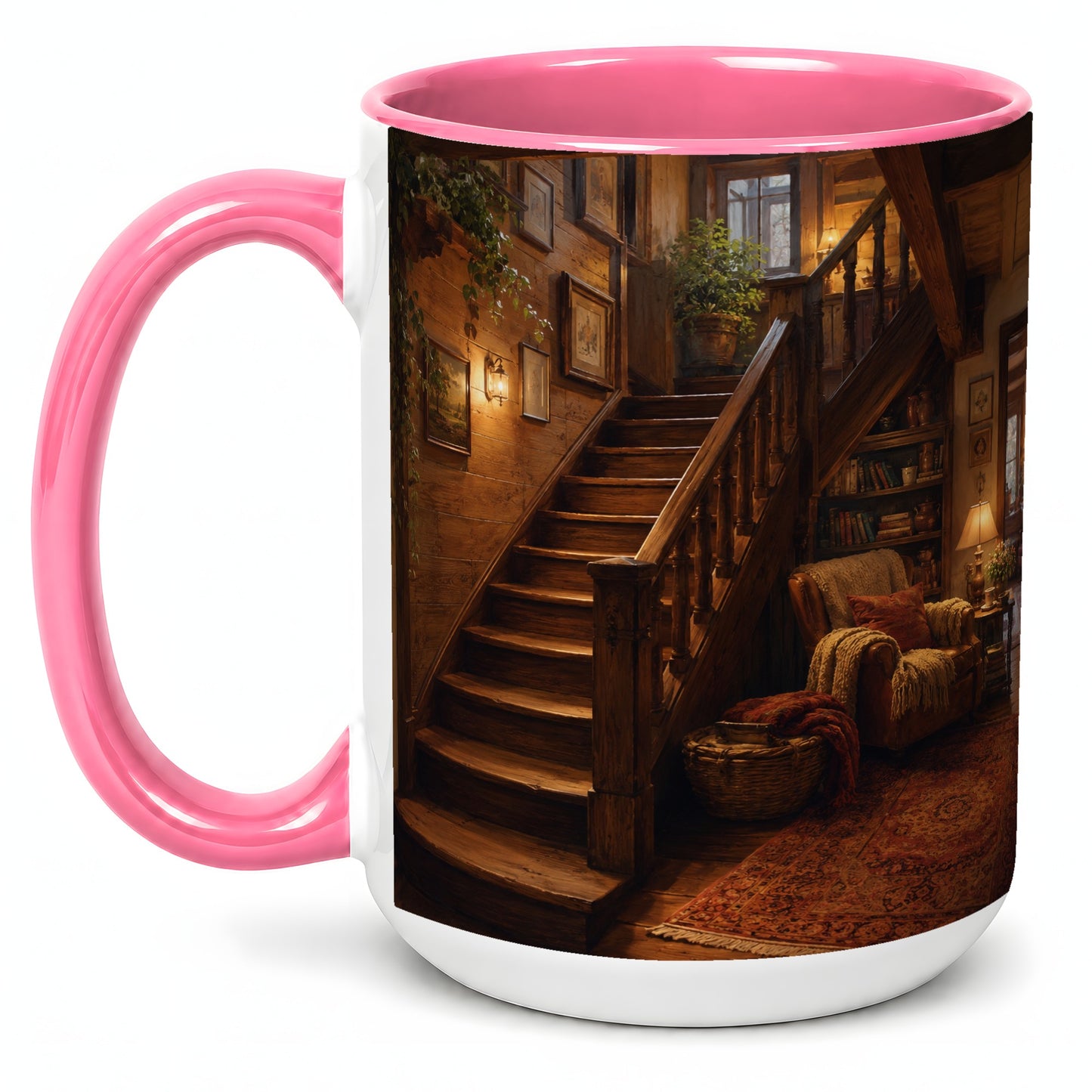 #pl[15oz|Pink] Cozy Wooden Staircase Ceramic Mug, Warm Cottage Interior Art