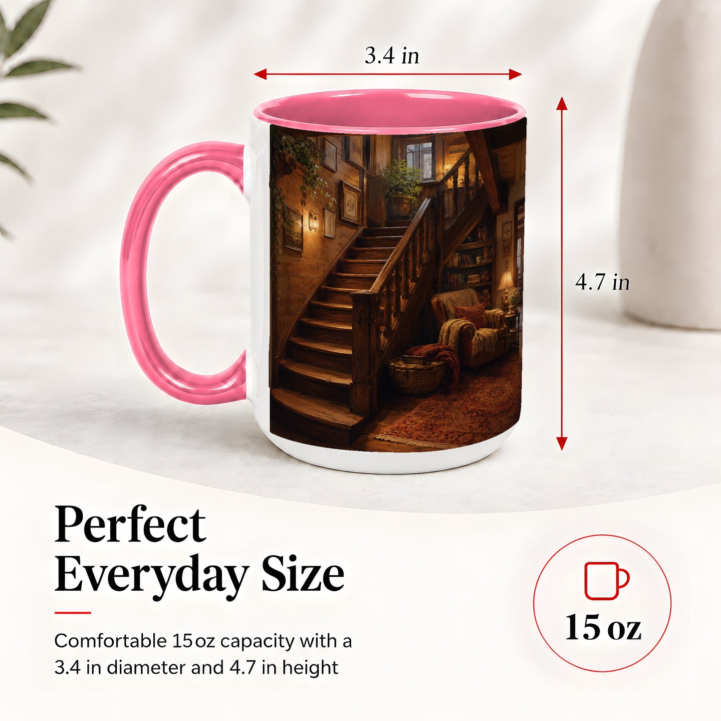 #pl[15oz|Pink] Cozy Wooden Staircase Ceramic Mug, Warm Cottage Interior Art