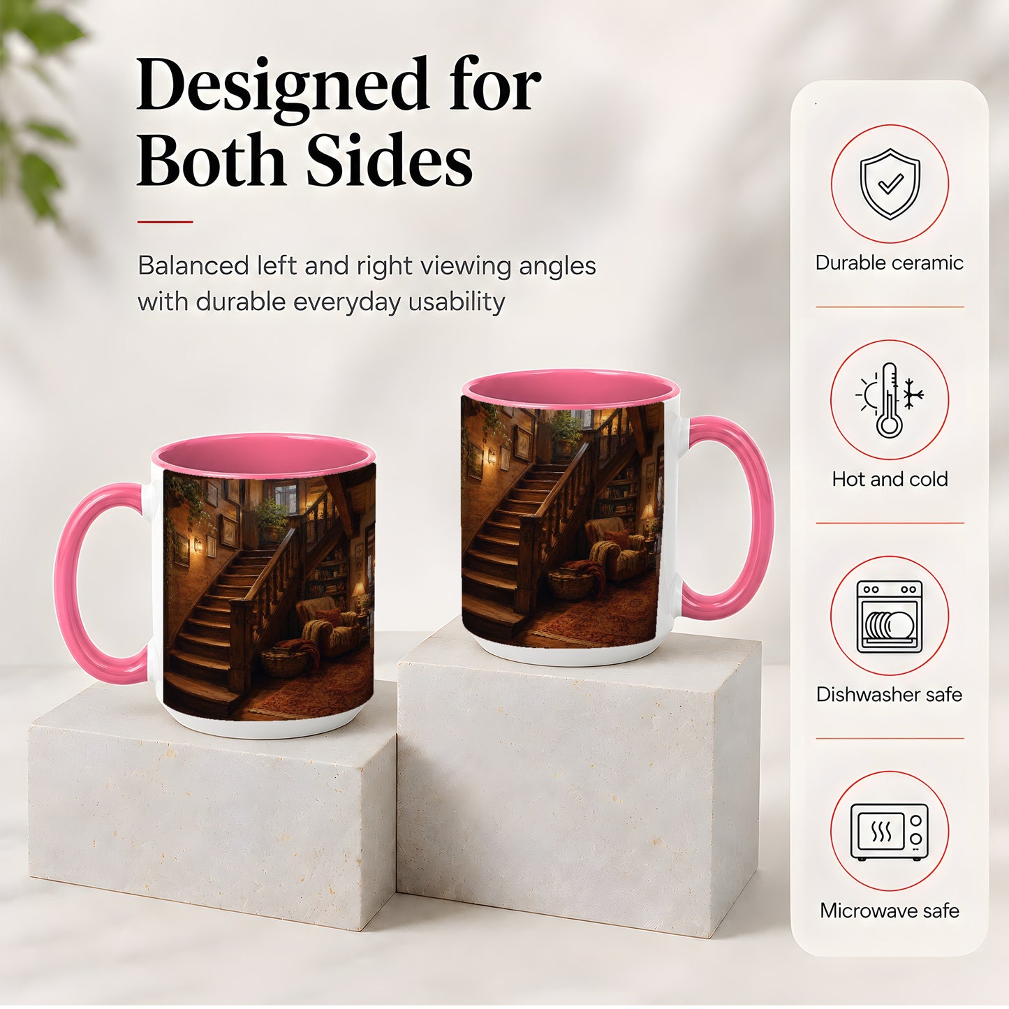 #pl[15oz|Pink] Cozy Wooden Staircase Ceramic Mug, Warm Cottage Interior Art
