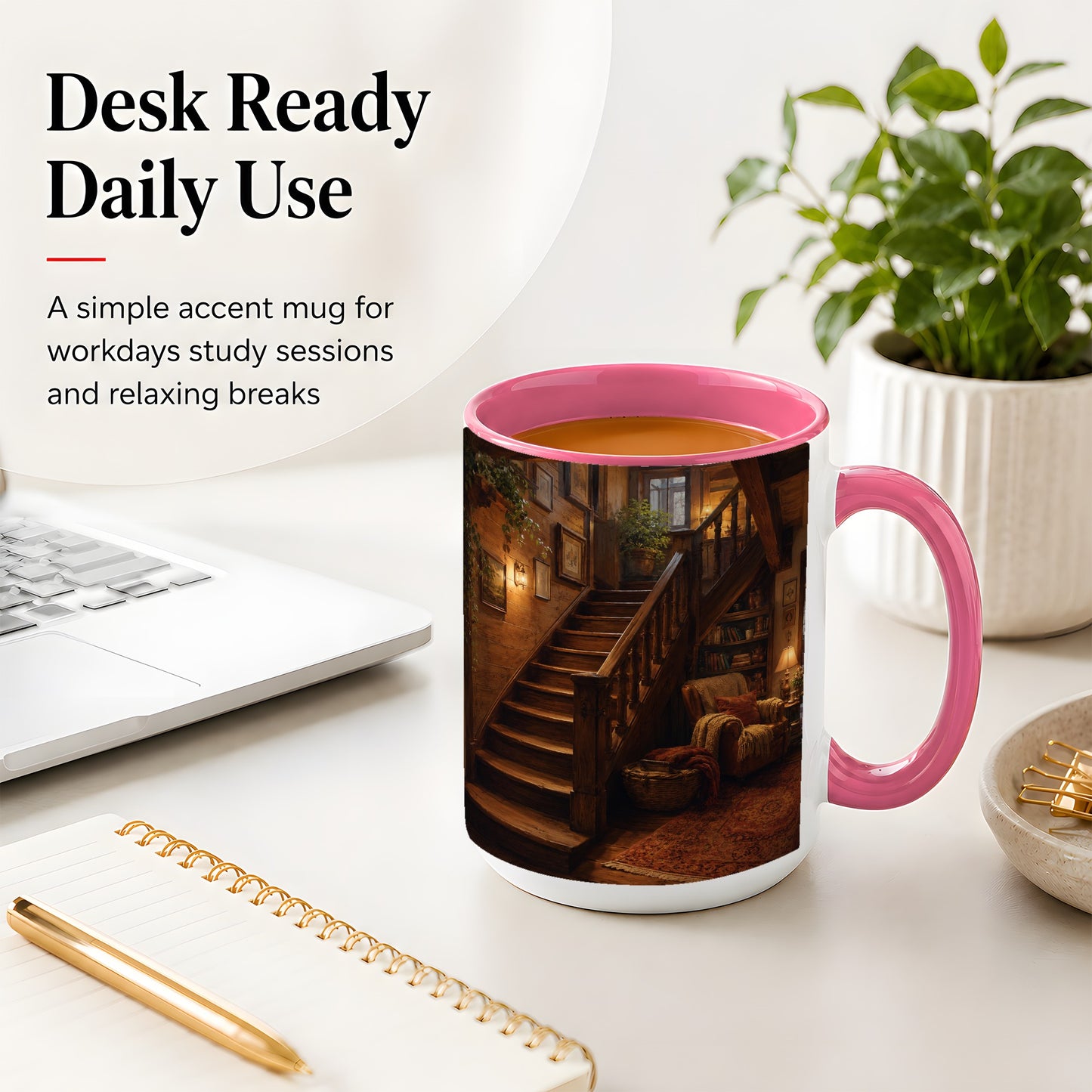 #pl[15oz|Pink] Cozy Wooden Staircase Ceramic Mug, Warm Cottage Interior Art