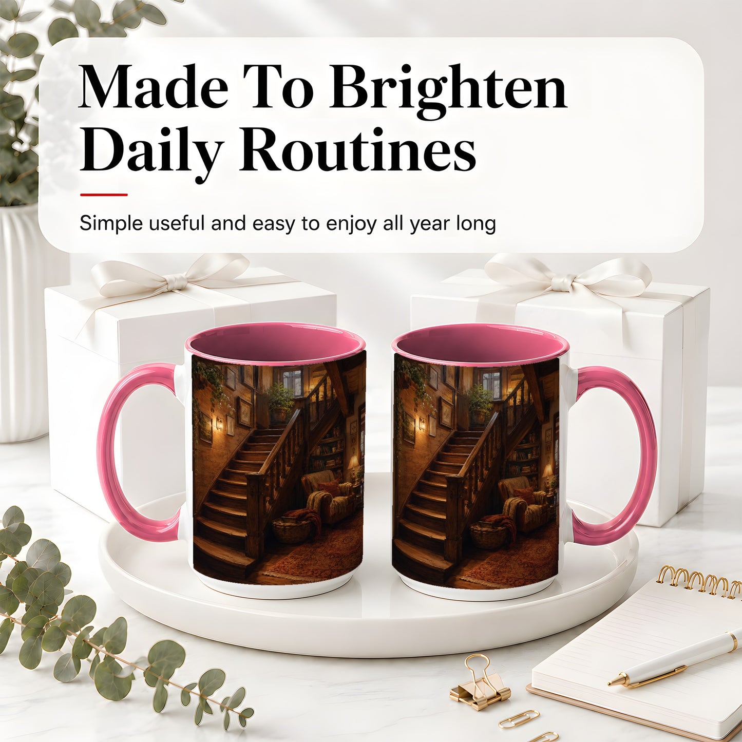 #pl[15oz|Pink] Cozy Wooden Staircase Ceramic Mug, Warm Cottage Interior Art