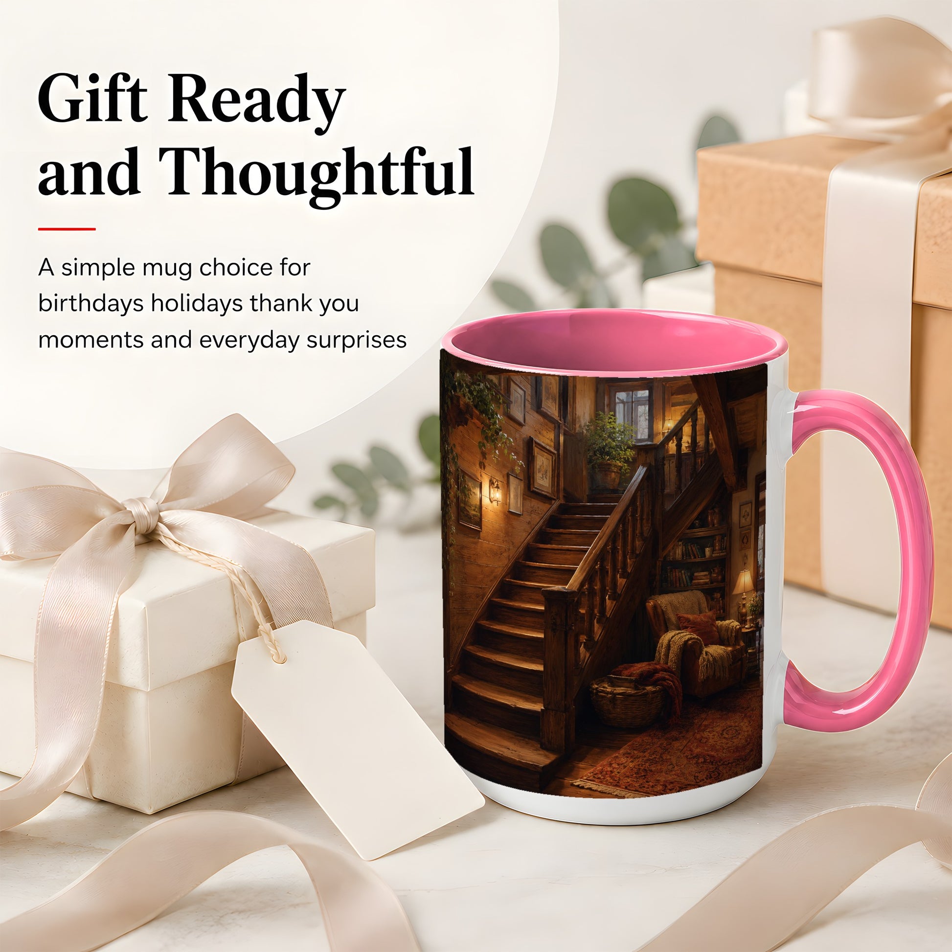 #pl[15oz|Pink] Cozy Wooden Staircase Ceramic Mug, Warm Cottage Interior Art