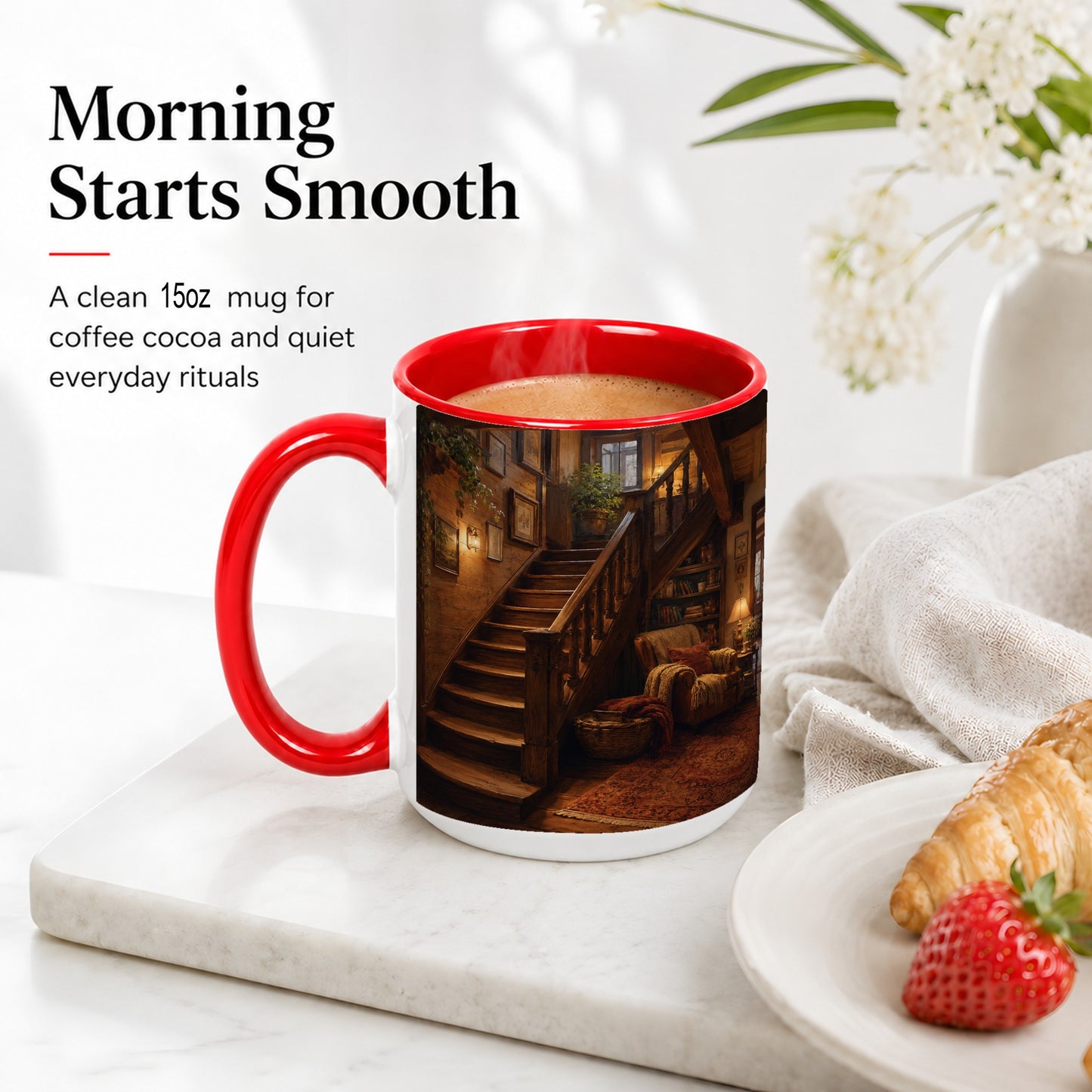 #pl[15oz|Red] Cozy Wooden Staircase Ceramic Mug, Warm Cottage Interior Art