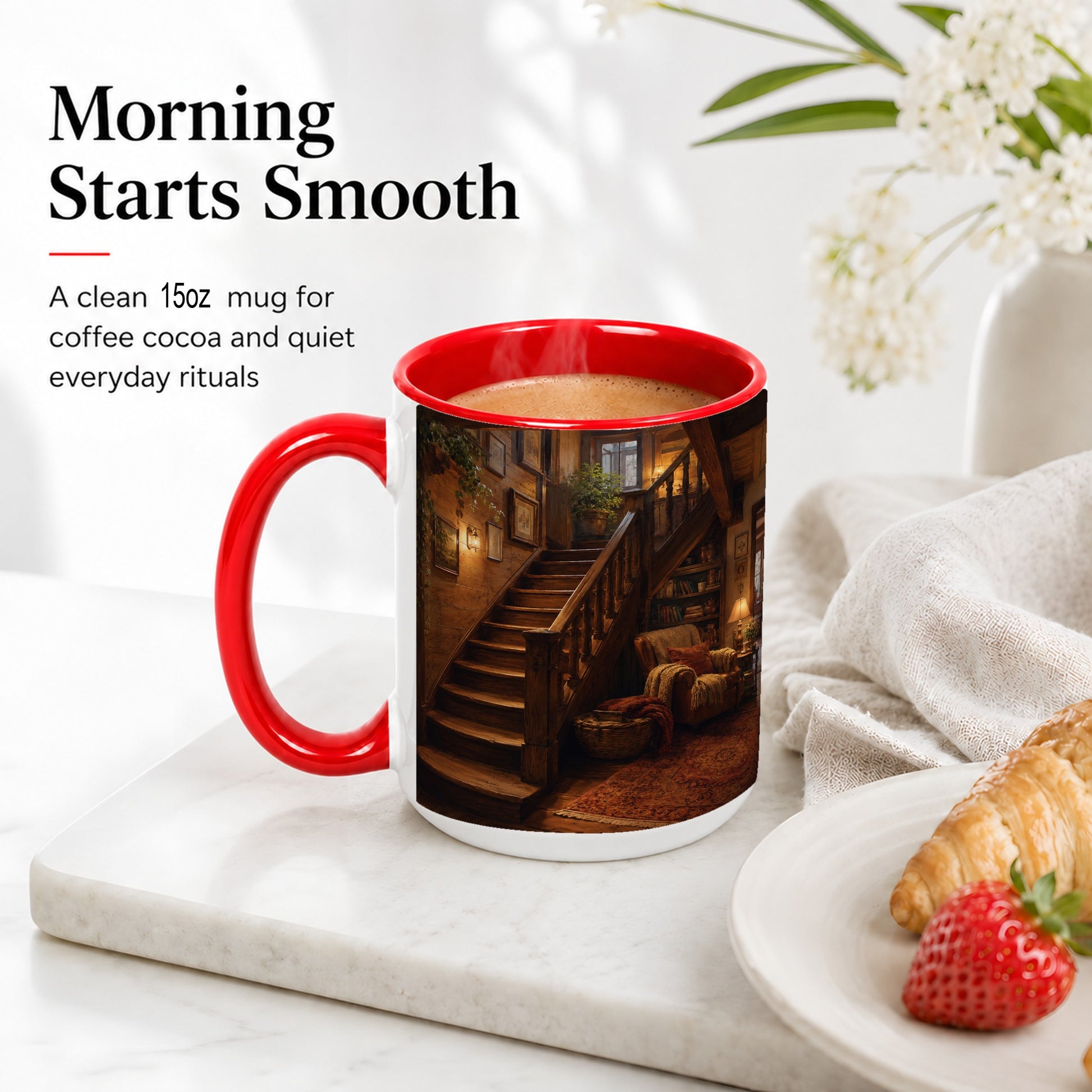 #pl[15oz|Red] Cozy Wooden Staircase Ceramic Mug, Warm Cottage Interior Art
