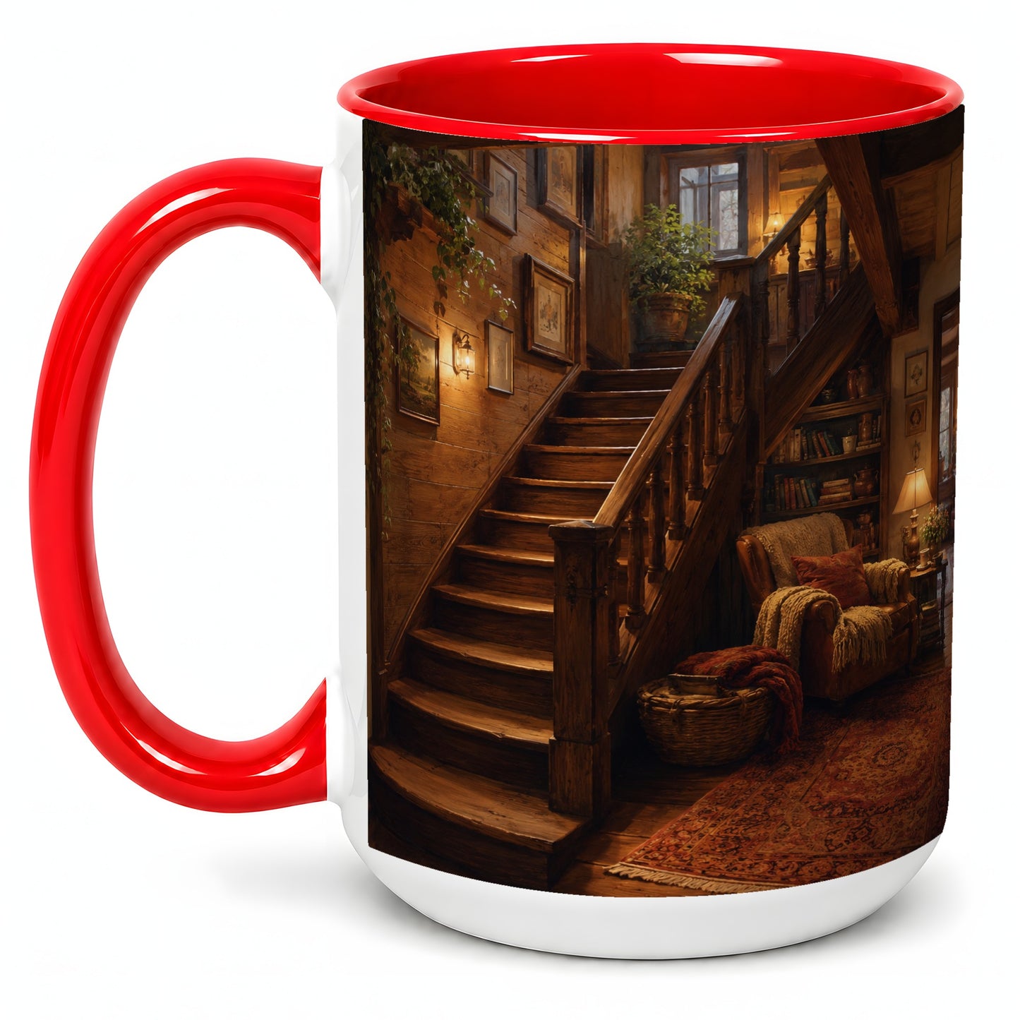 #pl[15oz|Red] Cozy Wooden Staircase Ceramic Mug, Warm Cottage Interior Art