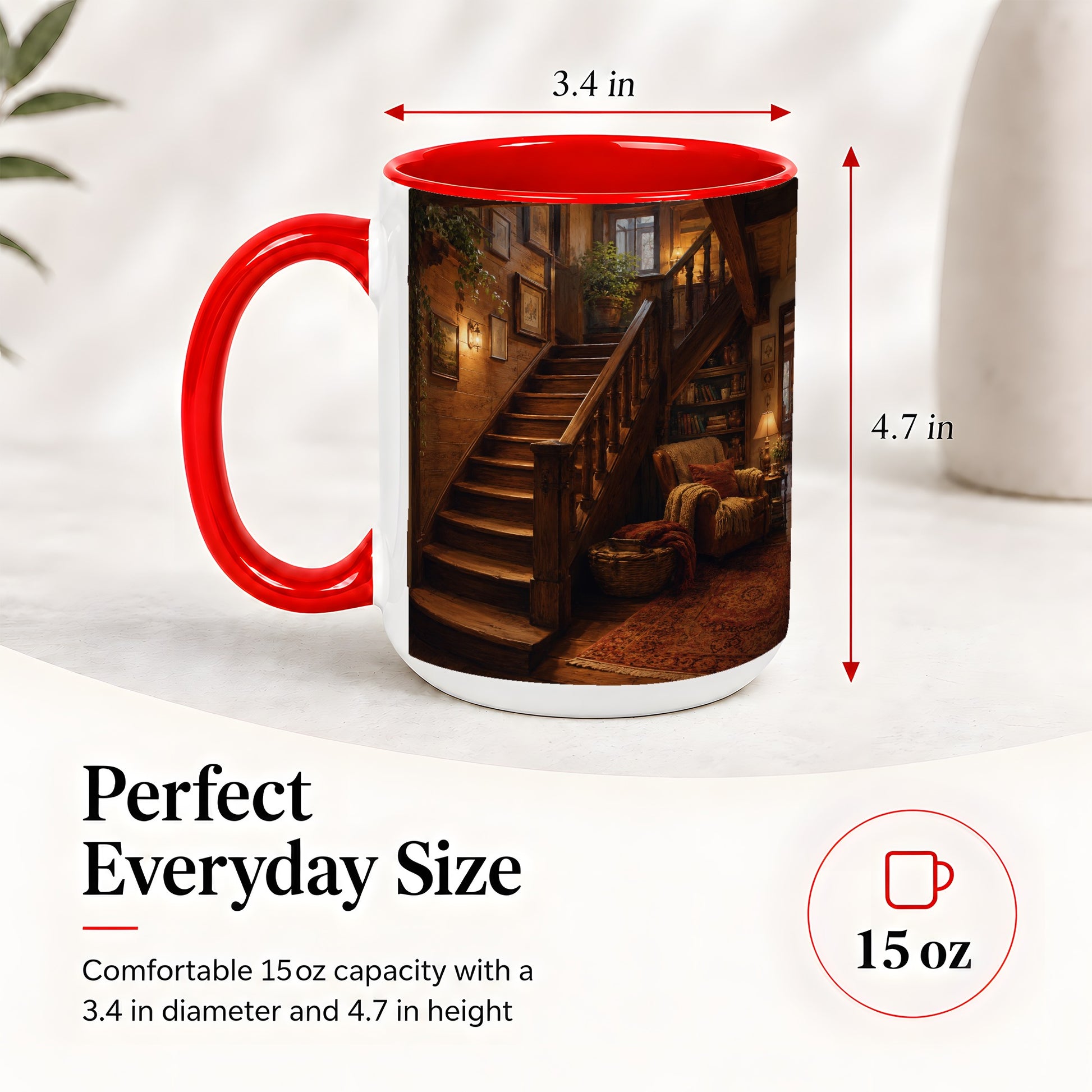 #pl[15oz|Red] Cozy Wooden Staircase Ceramic Mug, Warm Cottage Interior Art