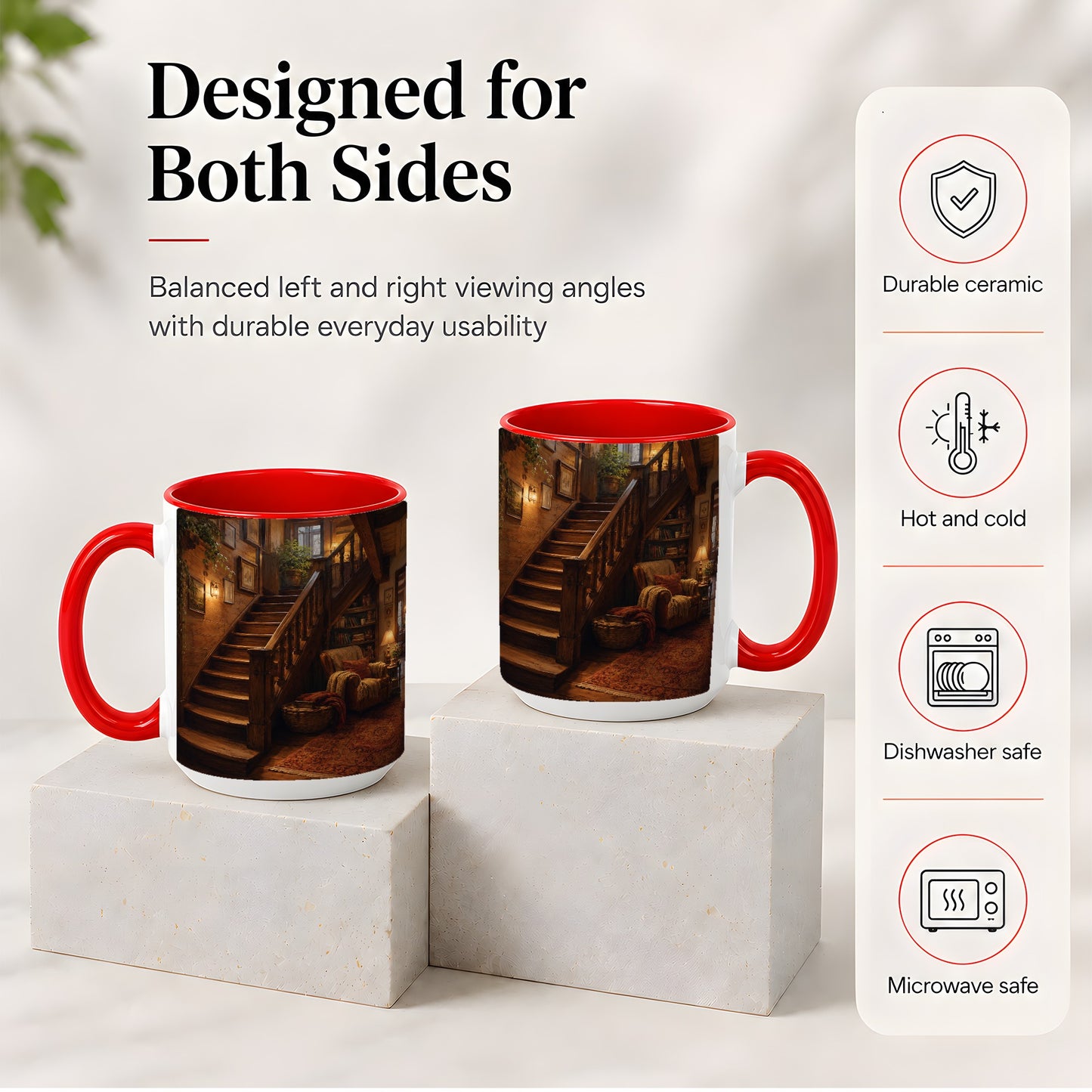 #pl[15oz|Red] Cozy Wooden Staircase Ceramic Mug, Warm Cottage Interior Art