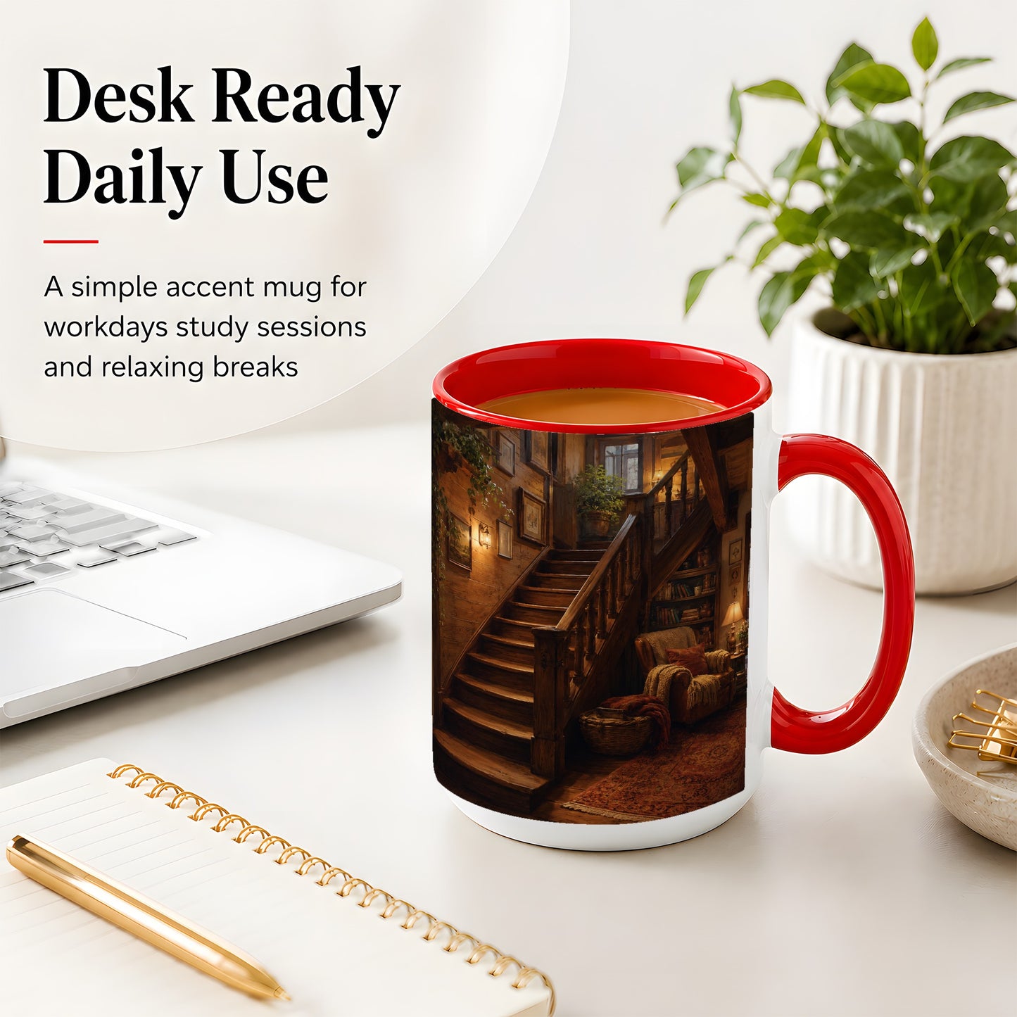 #pl[15oz|Red] Cozy Wooden Staircase Ceramic Mug, Warm Cottage Interior Art