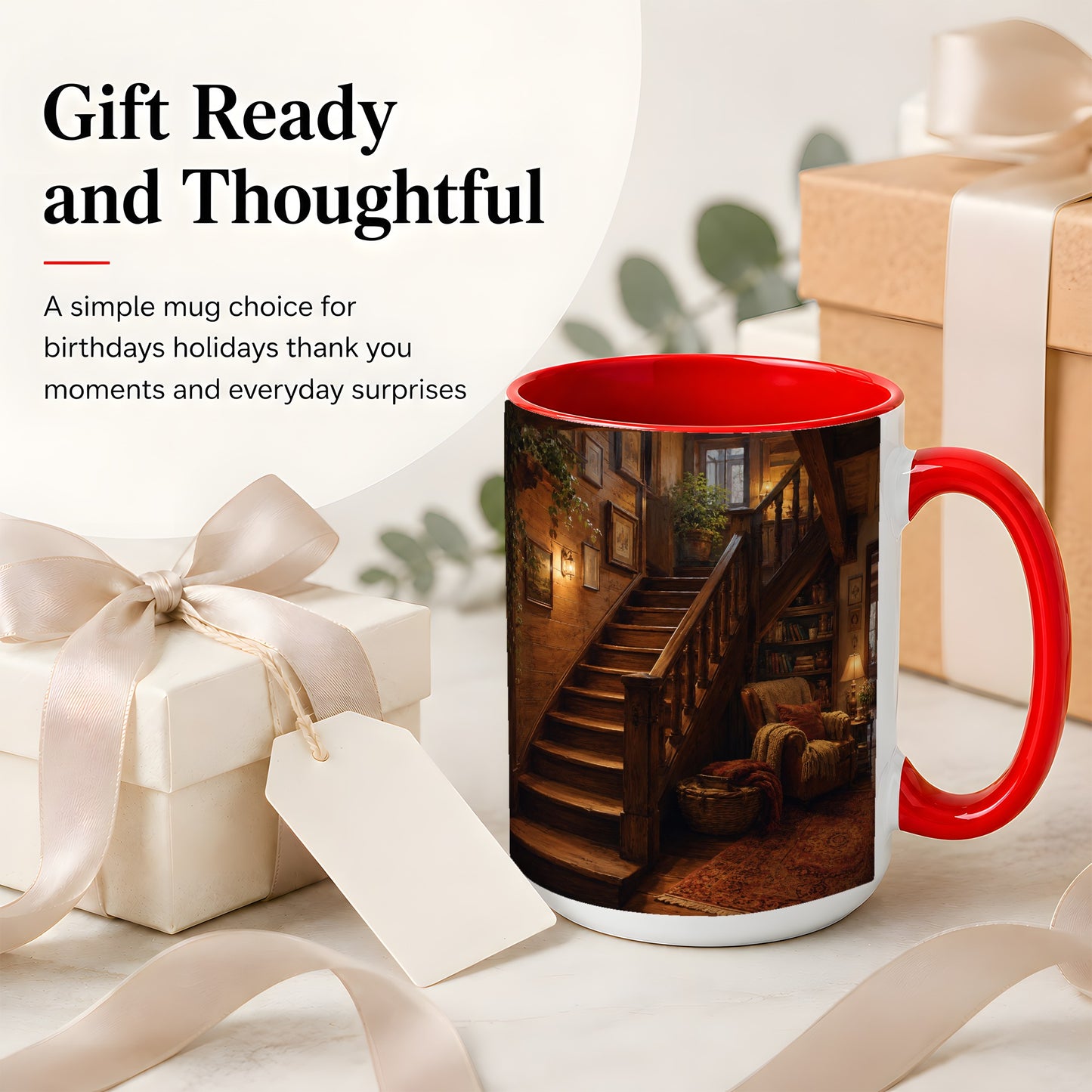 #pl[15oz|Red] Cozy Wooden Staircase Ceramic Mug, Warm Cottage Interior Art