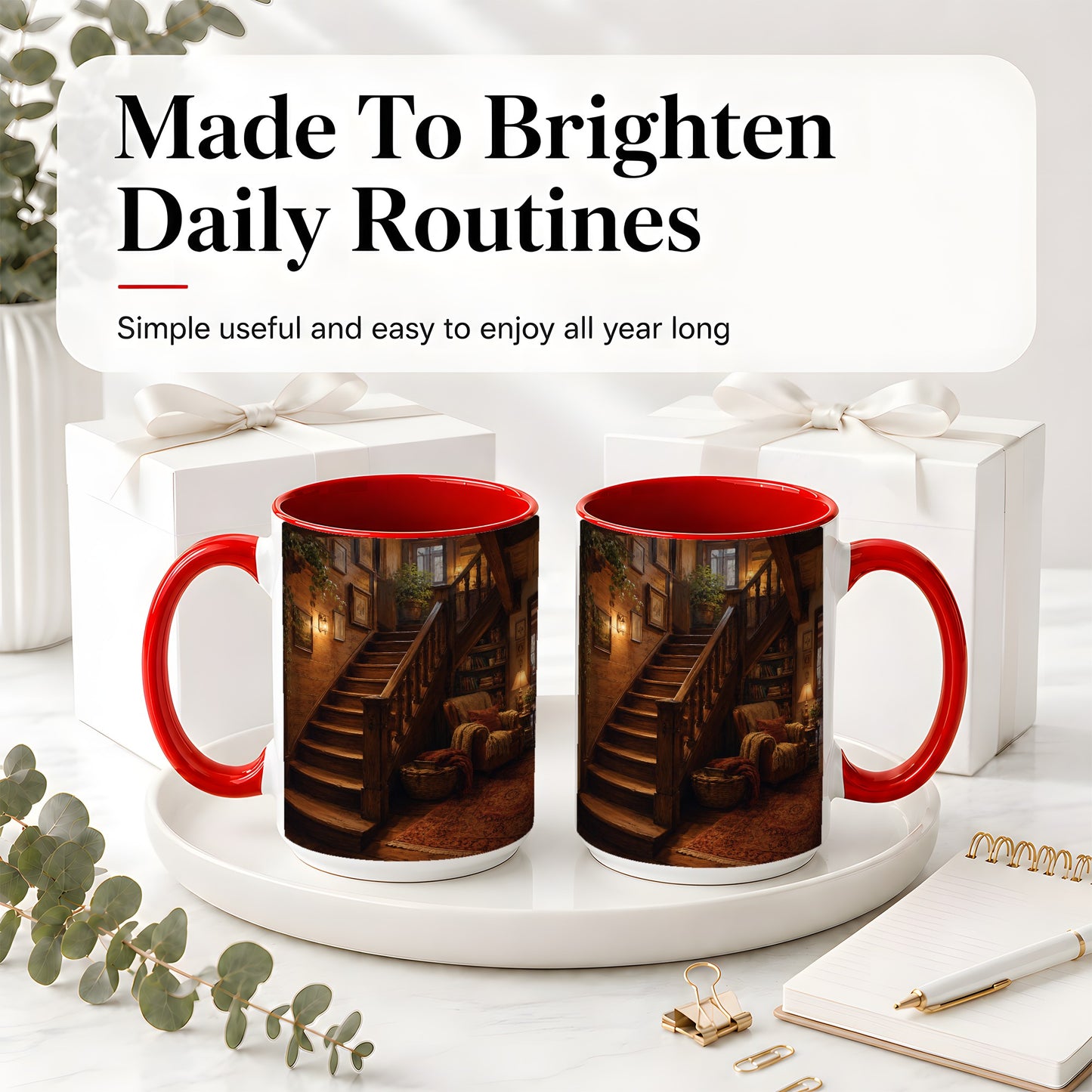 #pl[15oz|Red] Cozy Wooden Staircase Ceramic Mug, Warm Cottage Interior Art