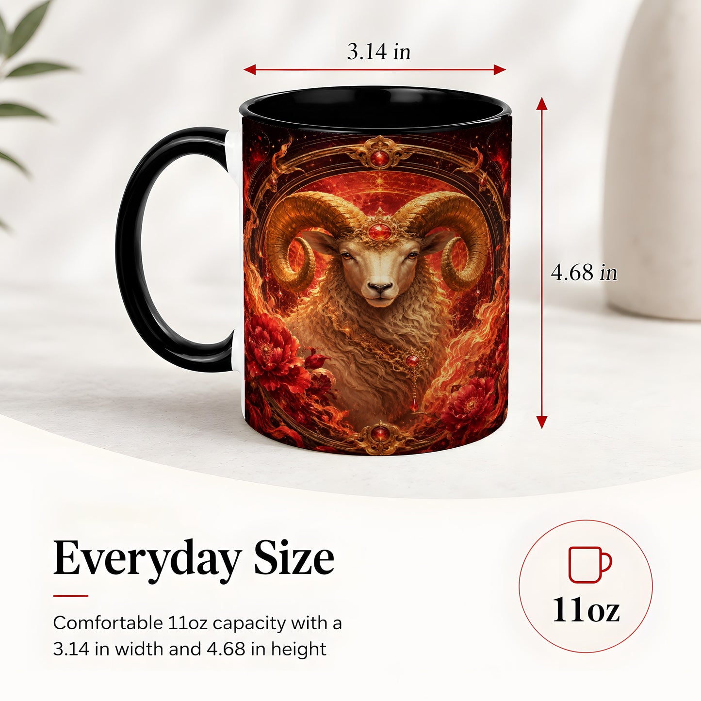 #pl[11oz|Black] Aries Ram Ceramic Mug, Fiery Zodiac Celestial Floral Art
