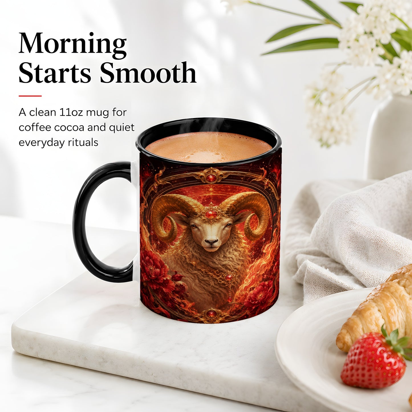 #pl[11oz|Black] Aries Ram Ceramic Mug, Fiery Zodiac Celestial Floral Art
