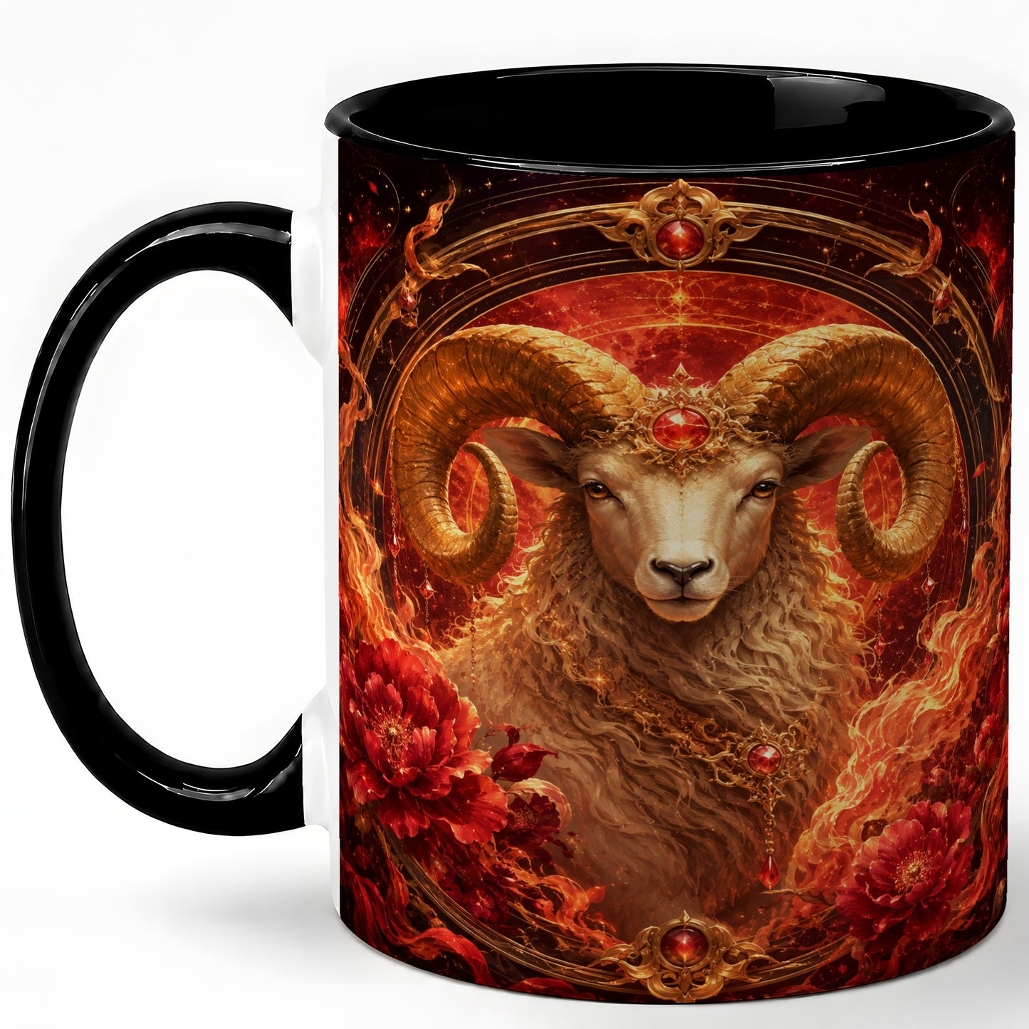 #pl[11oz|Black] Aries Ram Ceramic Mug, Fiery Zodiac Celestial Floral Art