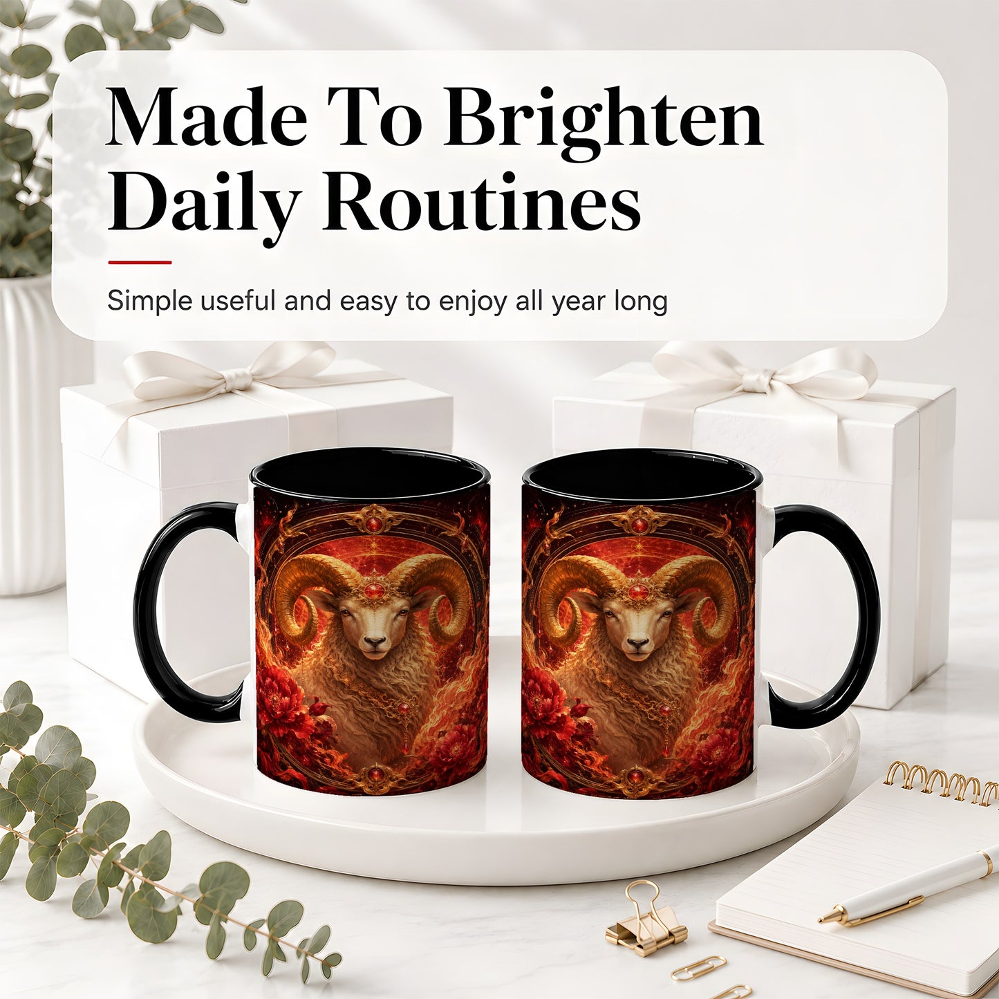 #pl[11oz|Black] Aries Ram Ceramic Mug, Fiery Zodiac Celestial Floral Art