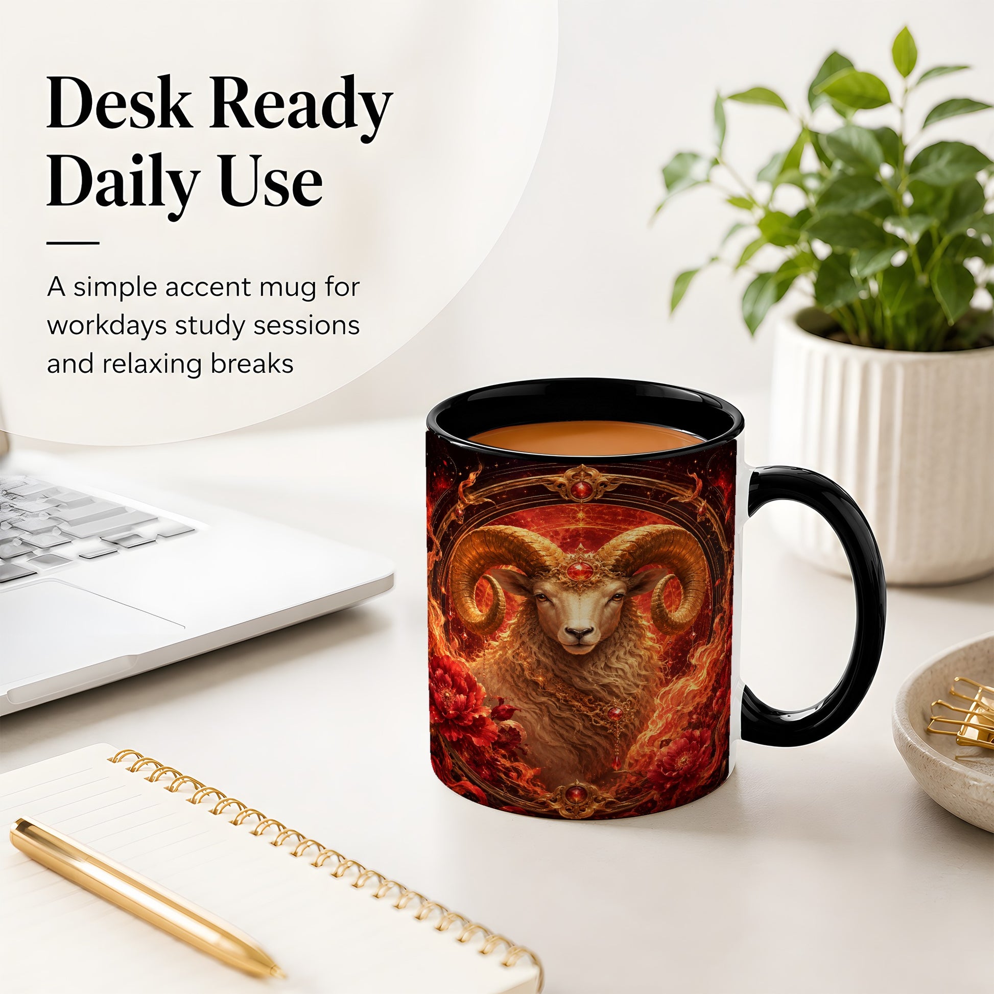#pl[11oz|Black] Aries Ram Ceramic Mug, Fiery Zodiac Celestial Floral Art