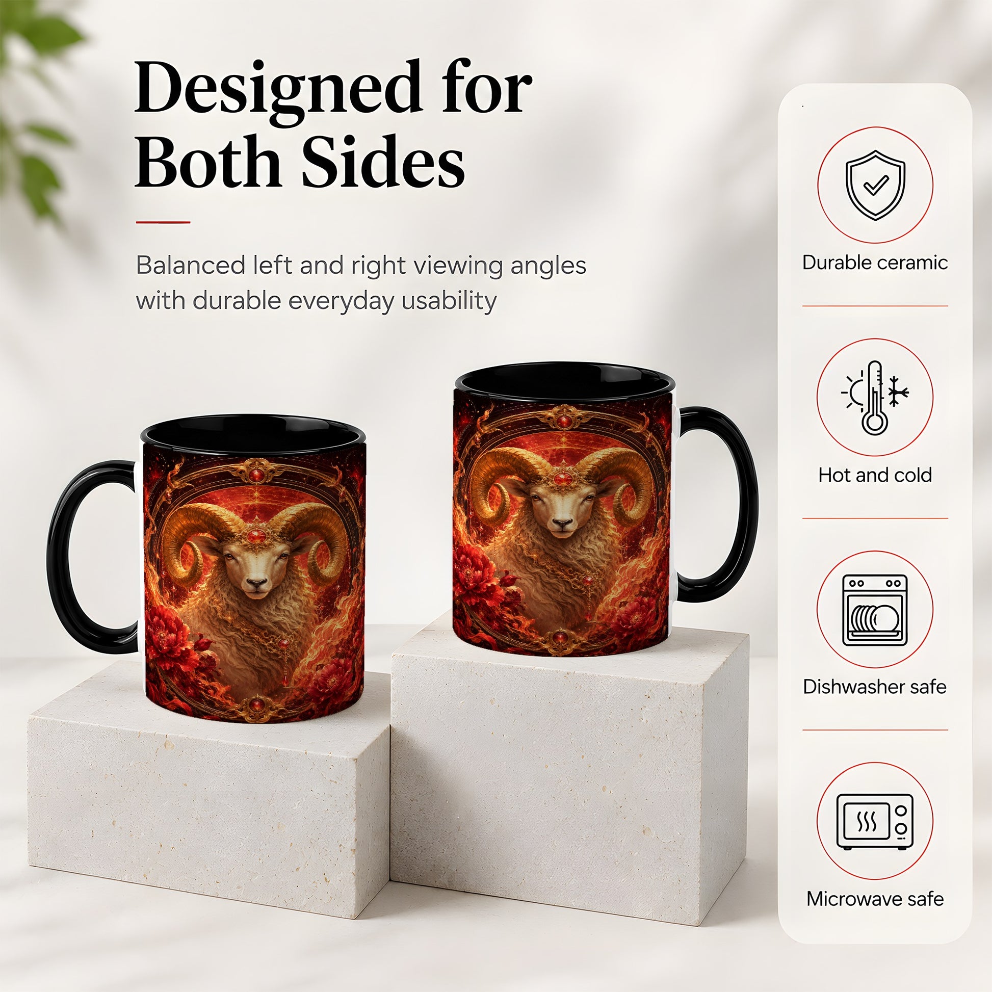 #pl[11oz|Black] Aries Ram Ceramic Mug, Fiery Zodiac Celestial Floral Art