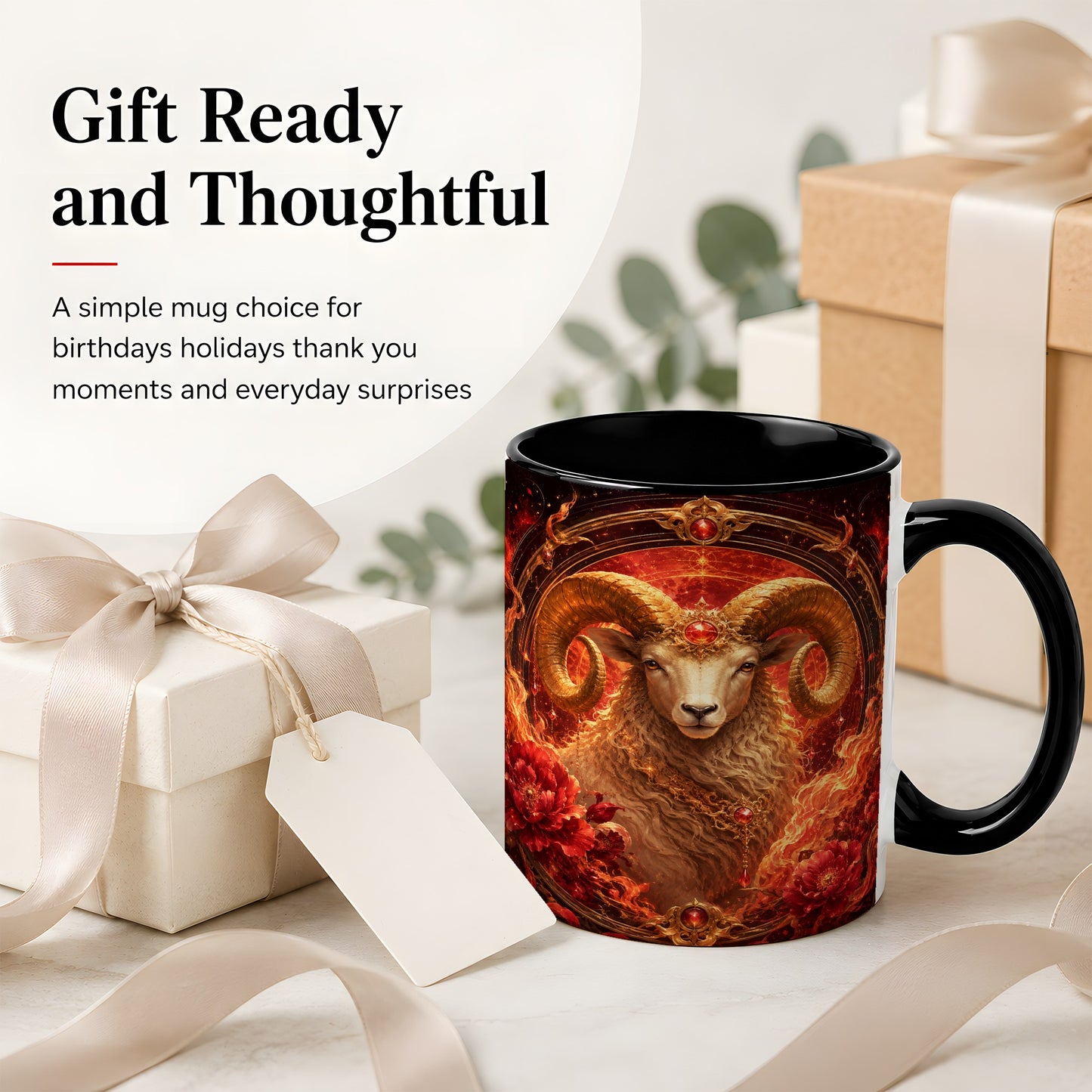 #pl[11oz|Black] Aries Ram Ceramic Mug, Fiery Zodiac Celestial Floral Art