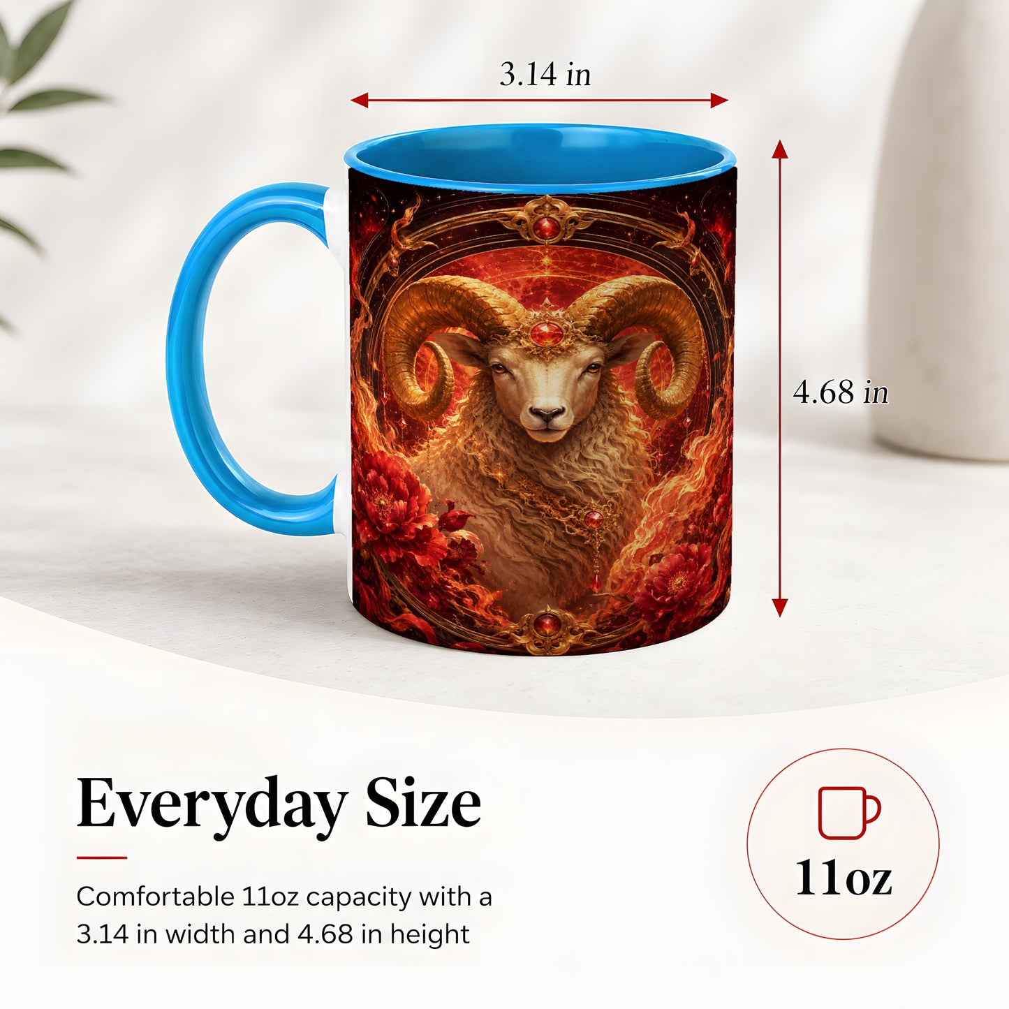 #pl[11oz|Blue] Aries Ram Ceramic Mug, Fiery Zodiac Celestial Floral Art