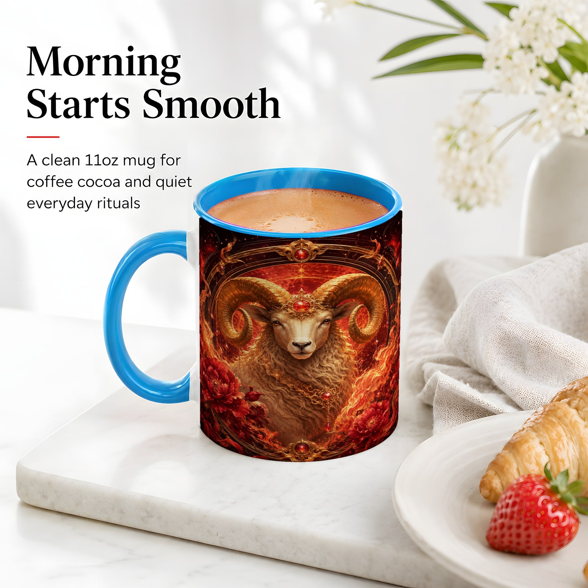 #pl[11oz|Blue] Aries Ram Ceramic Mug, Fiery Zodiac Celestial Floral Art