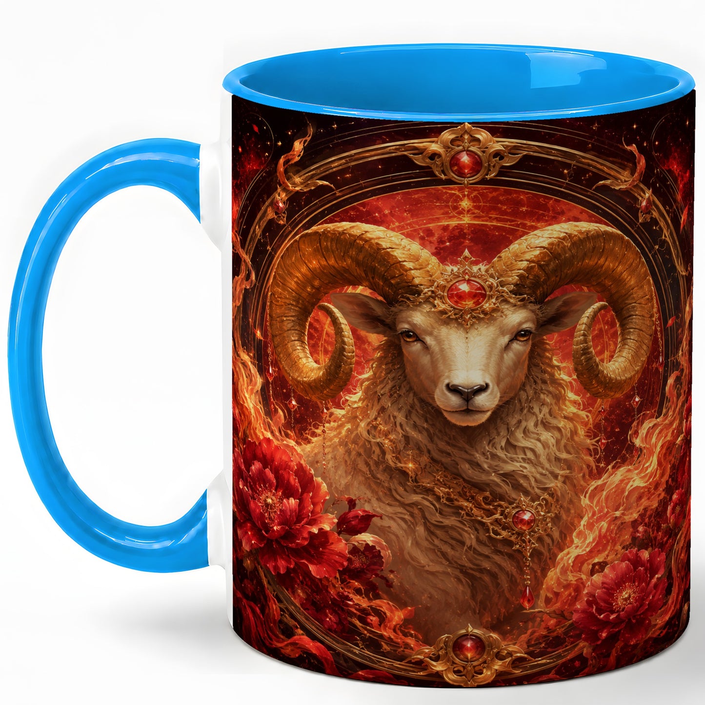 #pl[11oz|Blue] Aries Ram Ceramic Mug, Fiery Zodiac Celestial Floral Art