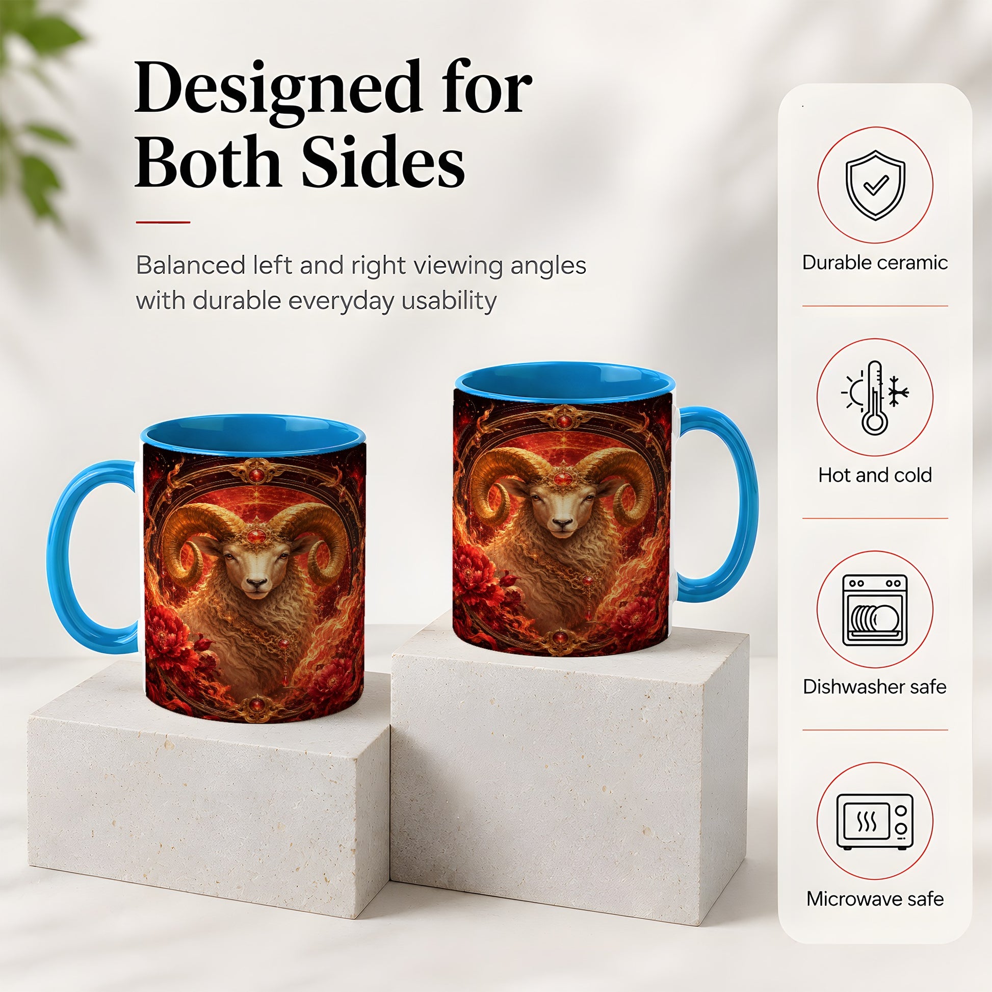 #pl[11oz|Blue] Aries Ram Ceramic Mug, Fiery Zodiac Celestial Floral Art