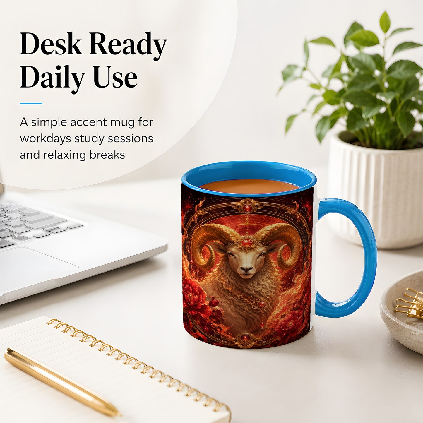 #pl[11oz|Blue] Aries Ram Ceramic Mug, Fiery Zodiac Celestial Floral Art