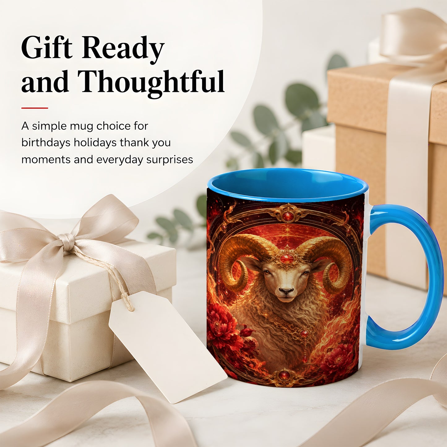 #pl[11oz|Blue] Aries Ram Ceramic Mug, Fiery Zodiac Celestial Floral Art