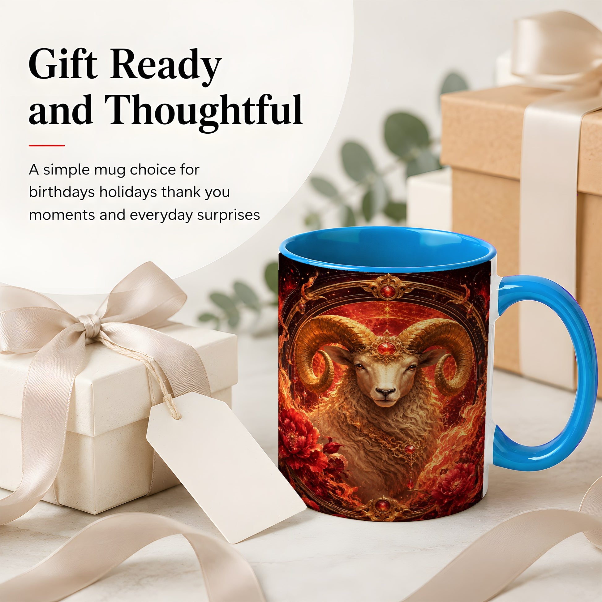 #pl[11oz|Blue] Aries Ram Ceramic Mug, Fiery Zodiac Celestial Floral Art