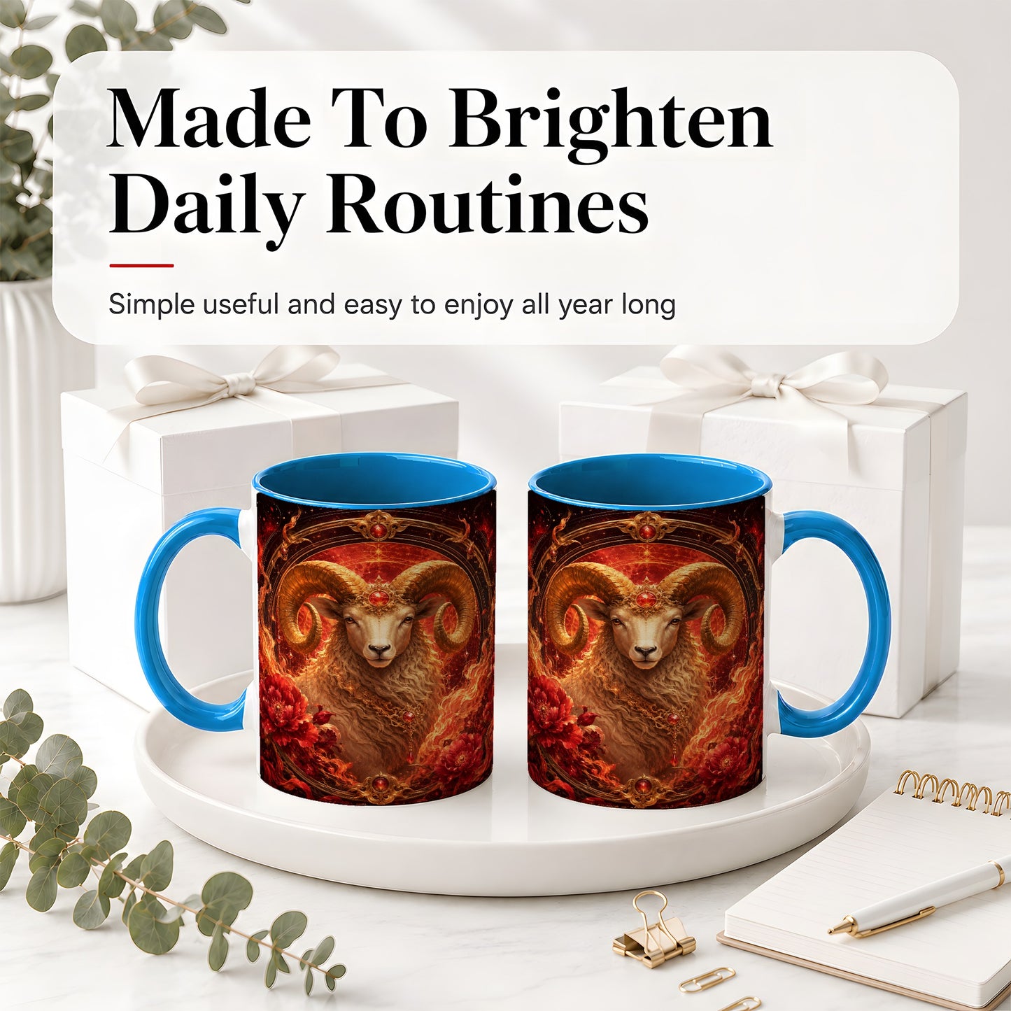 #pl[11oz|Blue] Aries Ram Ceramic Mug, Fiery Zodiac Celestial Floral Art
