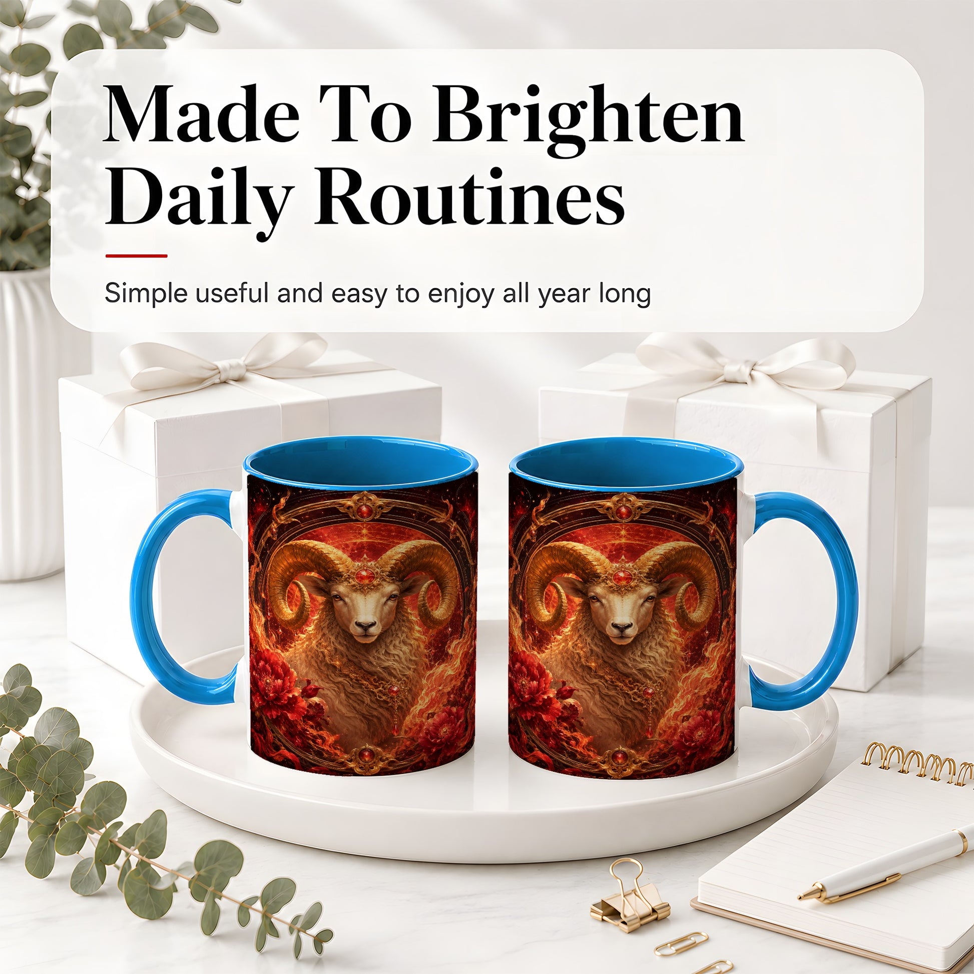#pl[11oz|Blue] Aries Ram Ceramic Mug, Fiery Zodiac Celestial Floral Art