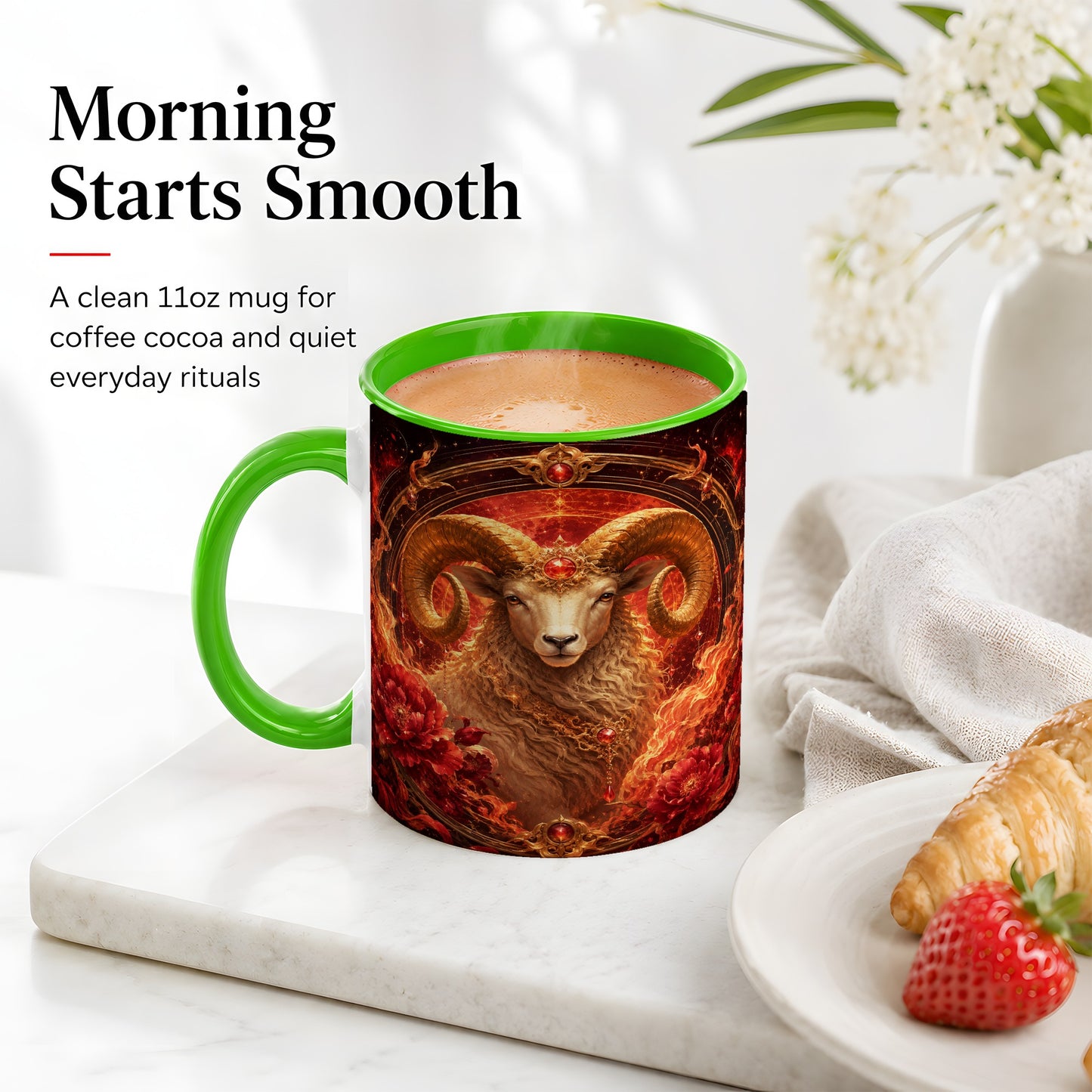 #pl[11oz|Green] Aries Ram Ceramic Mug, Fiery Zodiac Celestial Floral Art