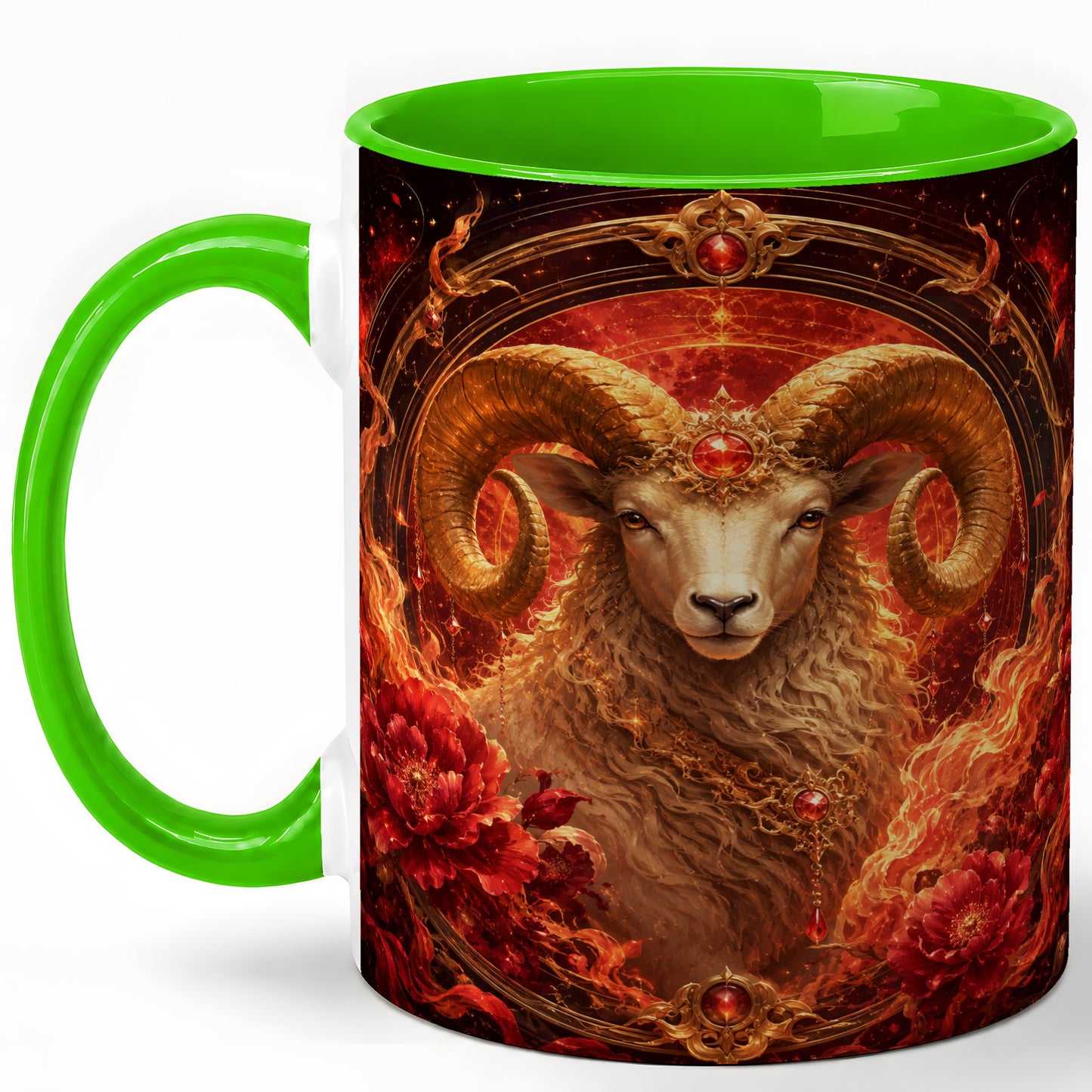 #pl[11oz|Green] Aries Ram Ceramic Mug, Fiery Zodiac Celestial Floral Art