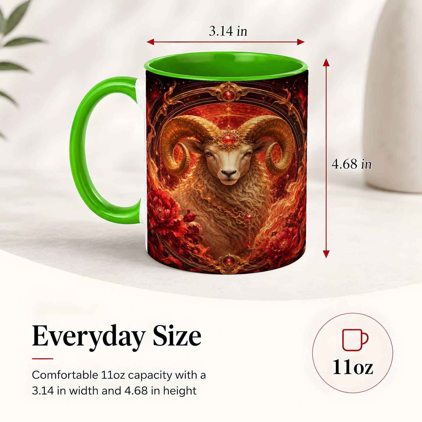 #pl[11oz|Green] Aries Ram Ceramic Mug, Fiery Zodiac Celestial Floral Art