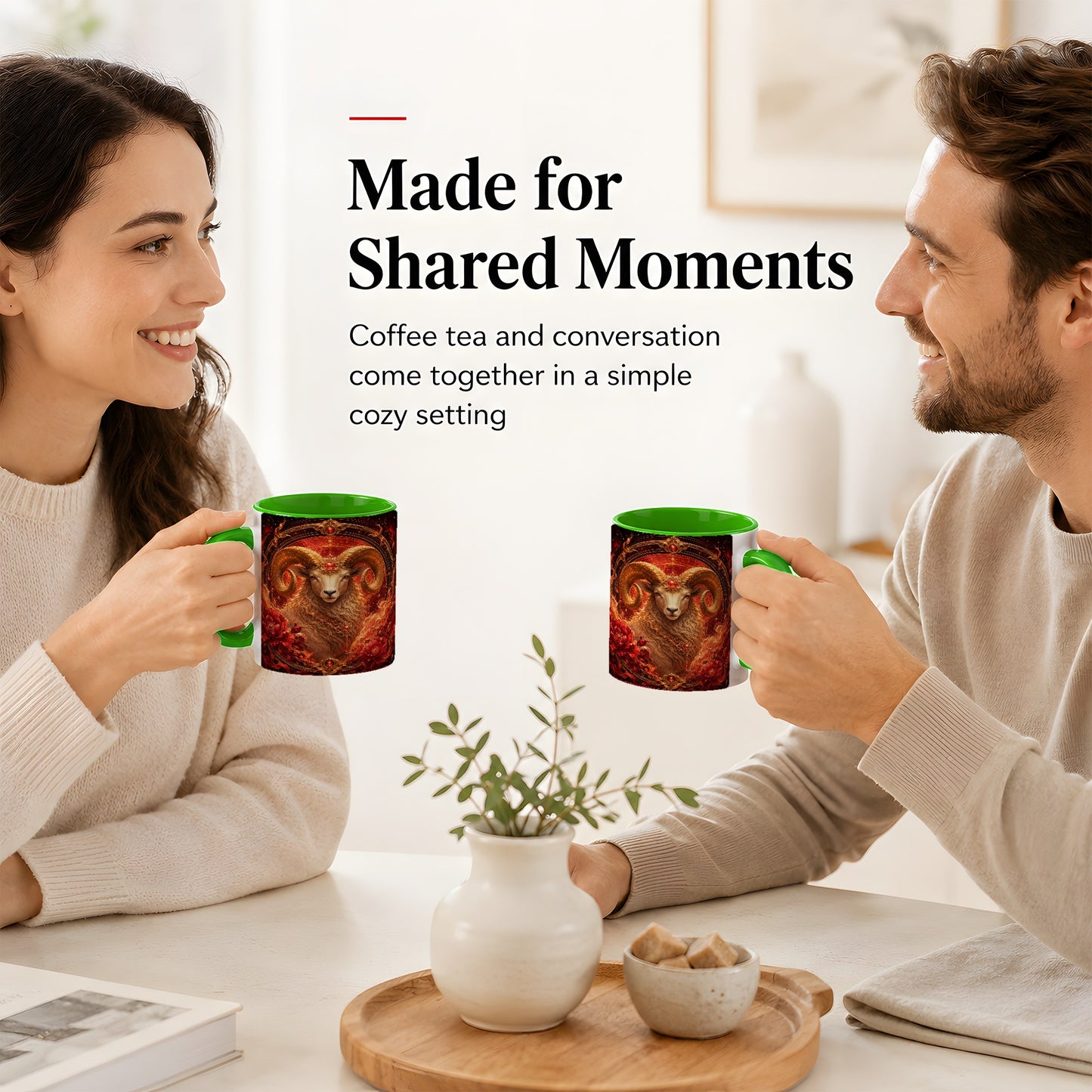 #pl[11oz|Green] Aries Ram Ceramic Mug, Fiery Zodiac Celestial Floral Art