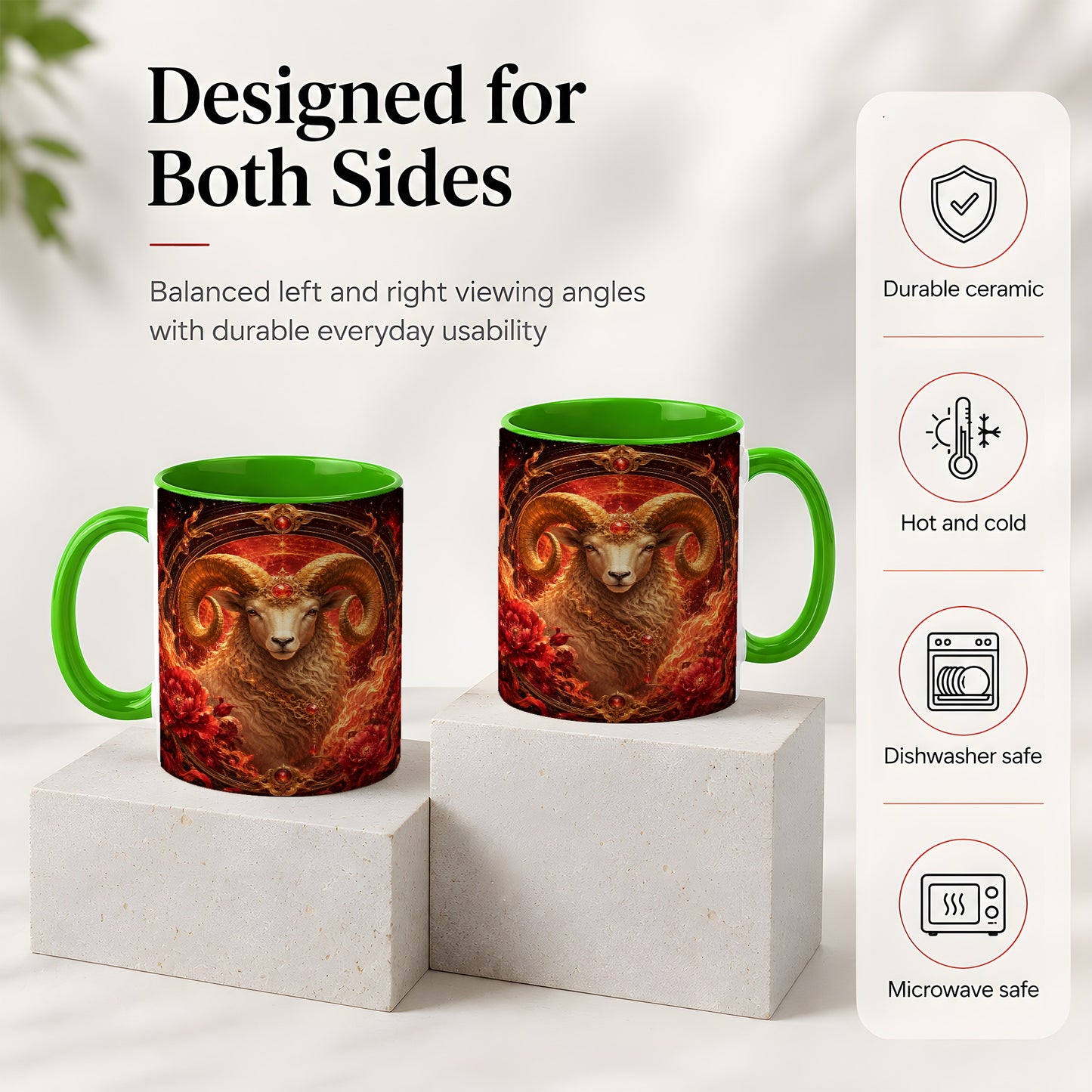 #pl[11oz|Green] Aries Ram Ceramic Mug, Fiery Zodiac Celestial Floral Art