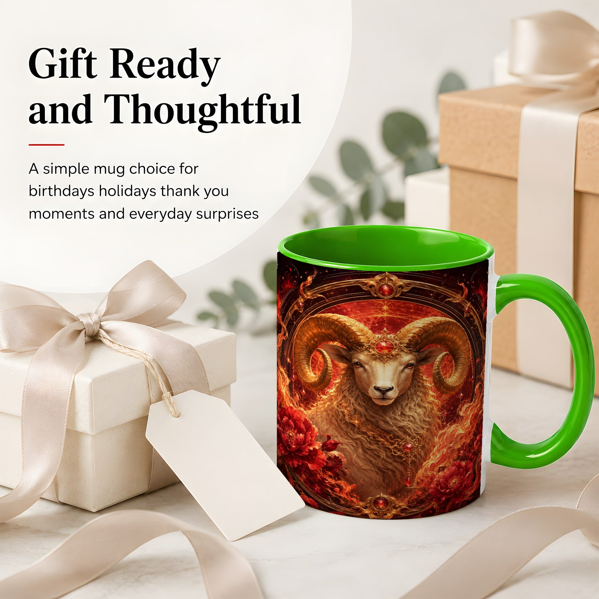 #pl[11oz|Green] Aries Ram Ceramic Mug, Fiery Zodiac Celestial Floral Art