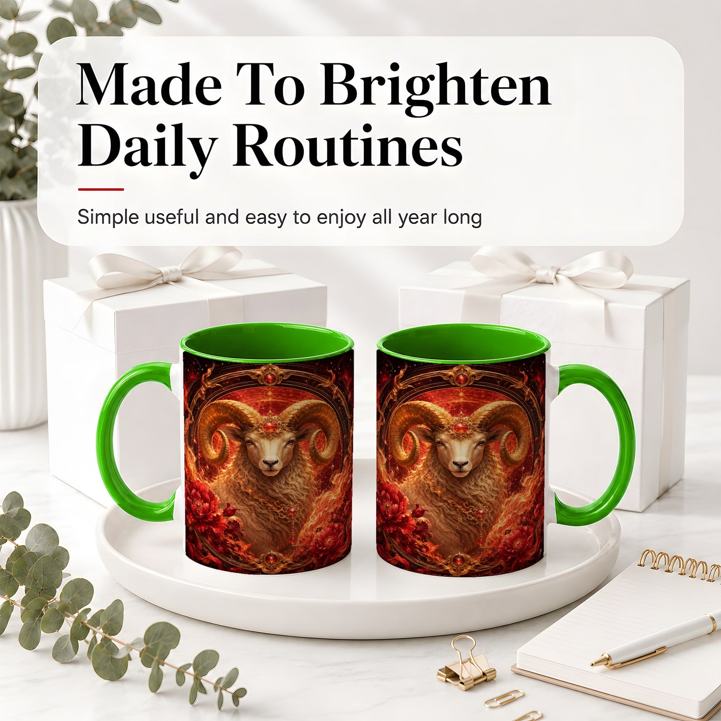 #pl[11oz|Green] Aries Ram Ceramic Mug, Fiery Zodiac Celestial Floral Art