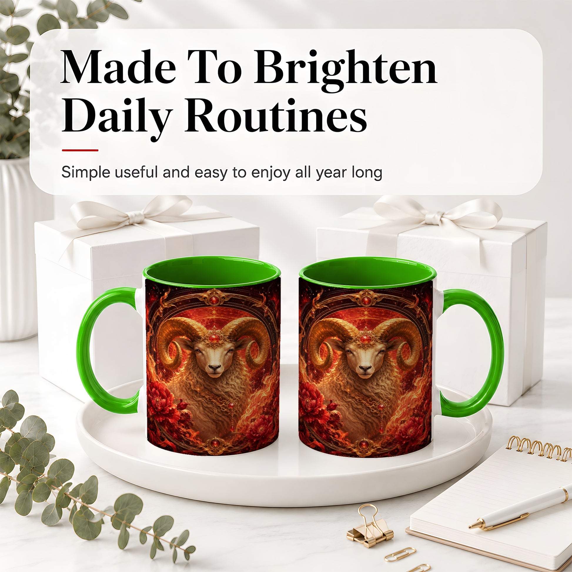 #pl[11oz|Green] Aries Ram Ceramic Mug, Fiery Zodiac Celestial Floral Art