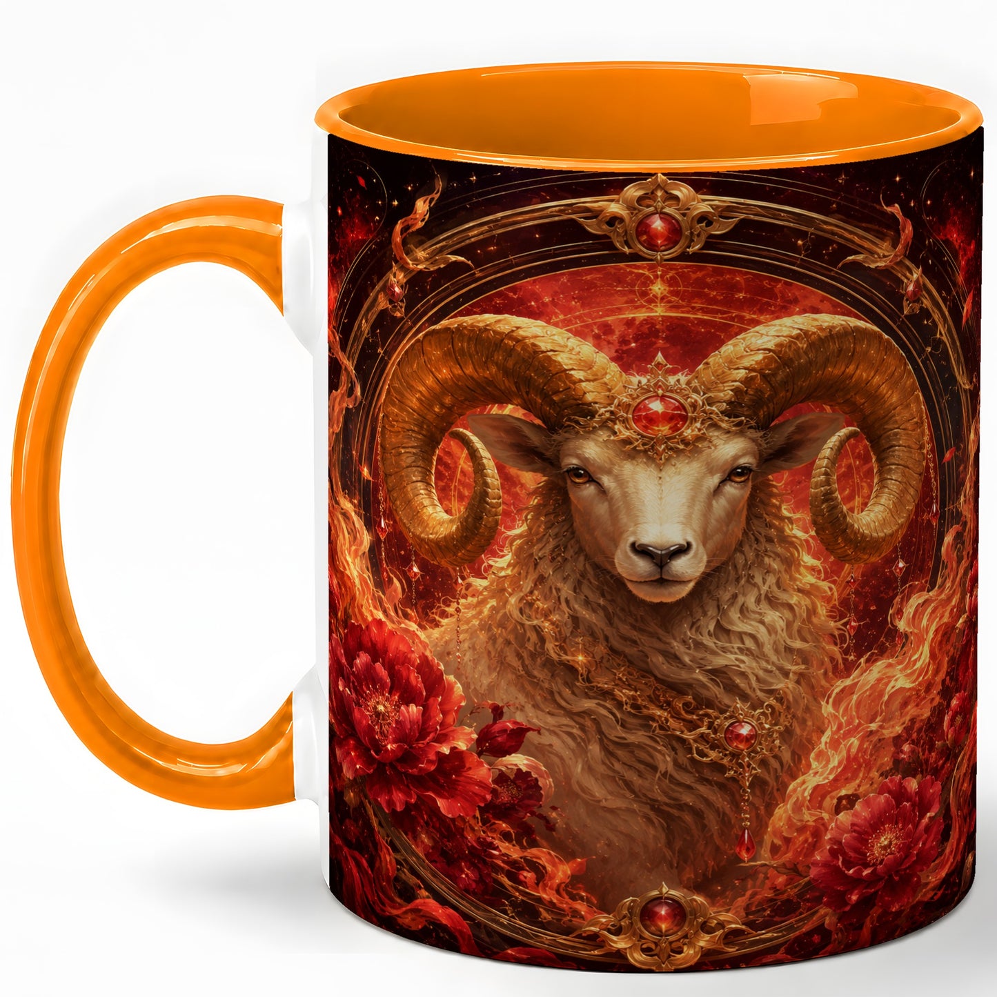 #pl[11oz|Orange] Aries Ram Ceramic Mug, Fiery Zodiac Celestial Floral Art