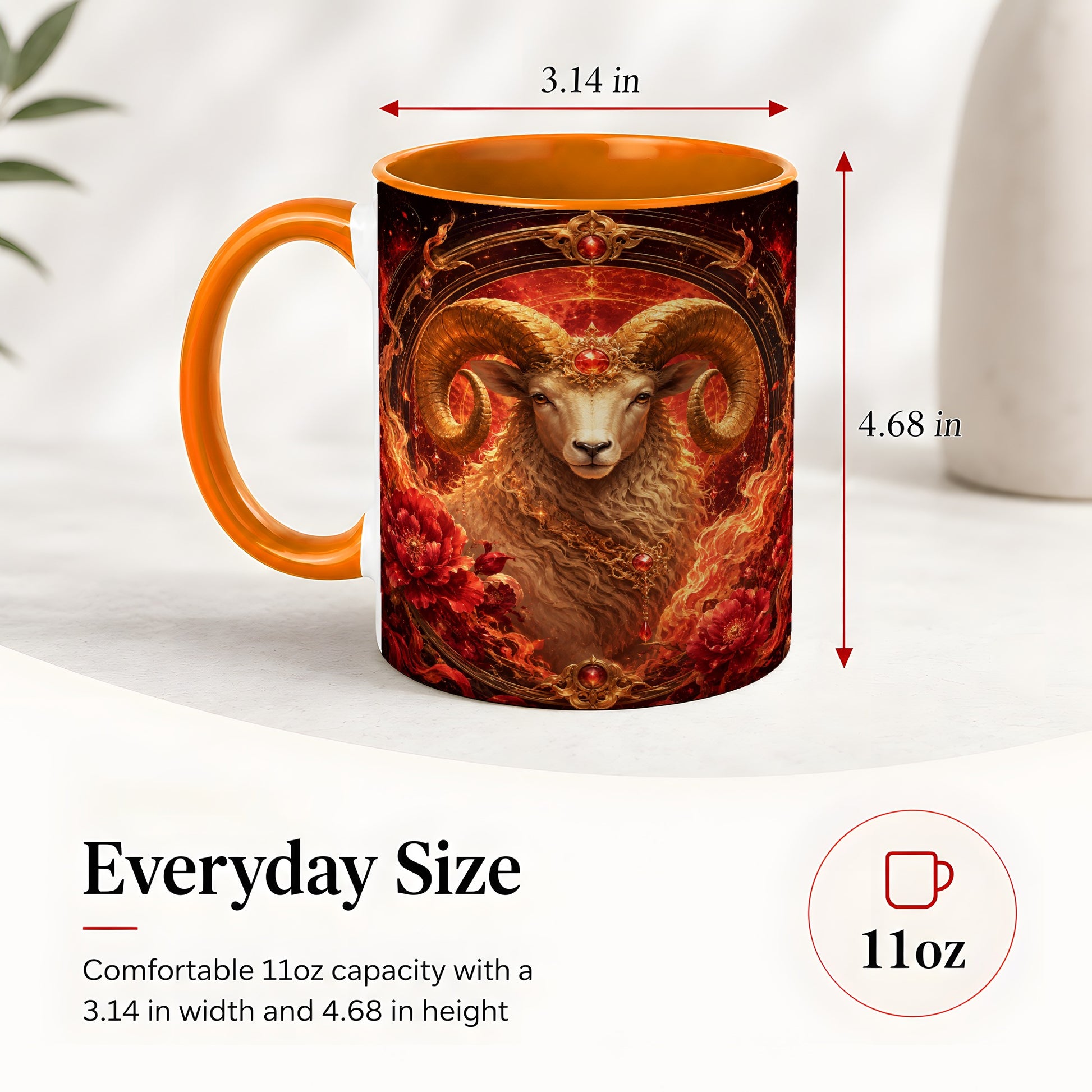 #pl[11oz|Orange] Aries Ram Ceramic Mug, Fiery Zodiac Celestial Floral Art