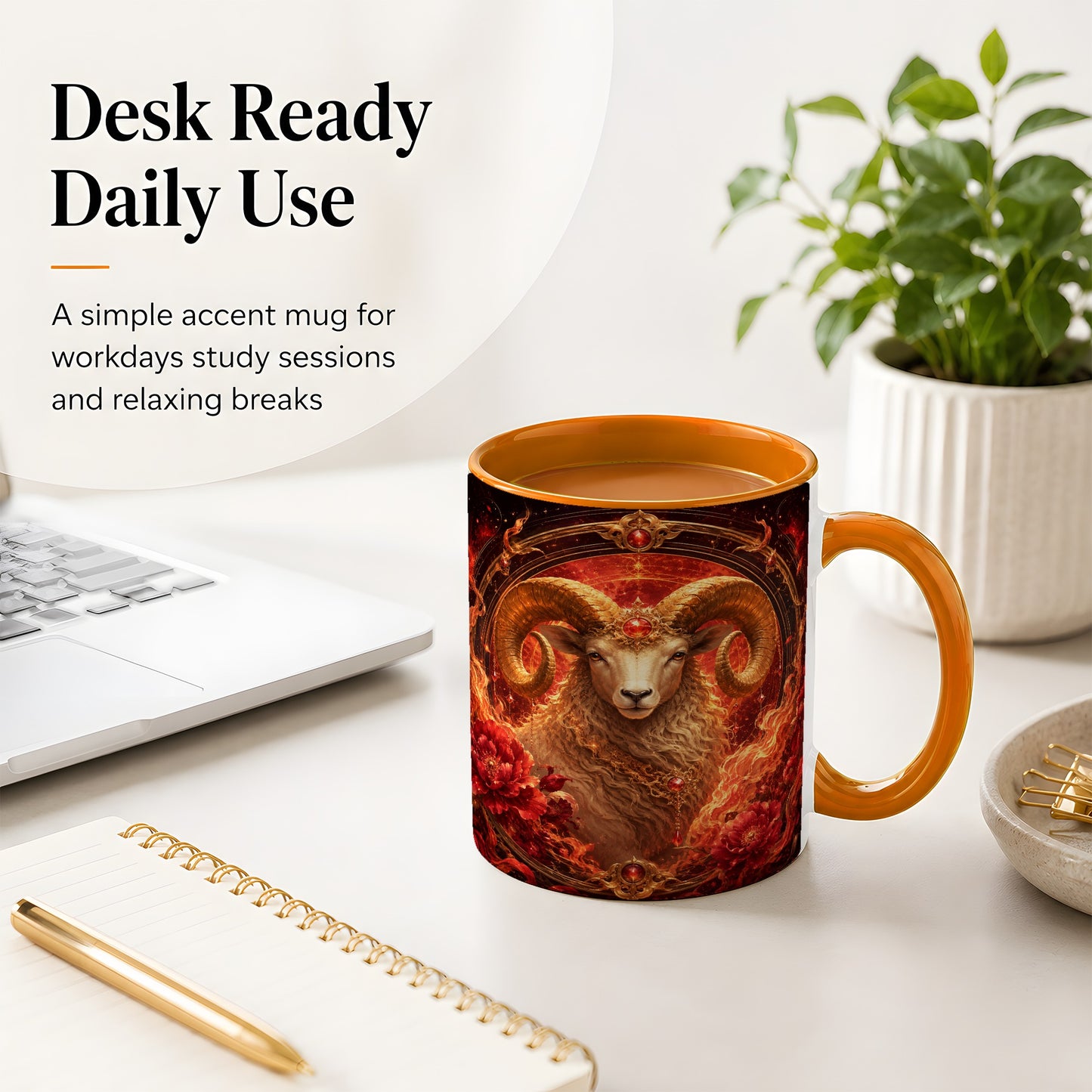#pl[11oz|Orange] Aries Ram Ceramic Mug, Fiery Zodiac Celestial Floral Art
