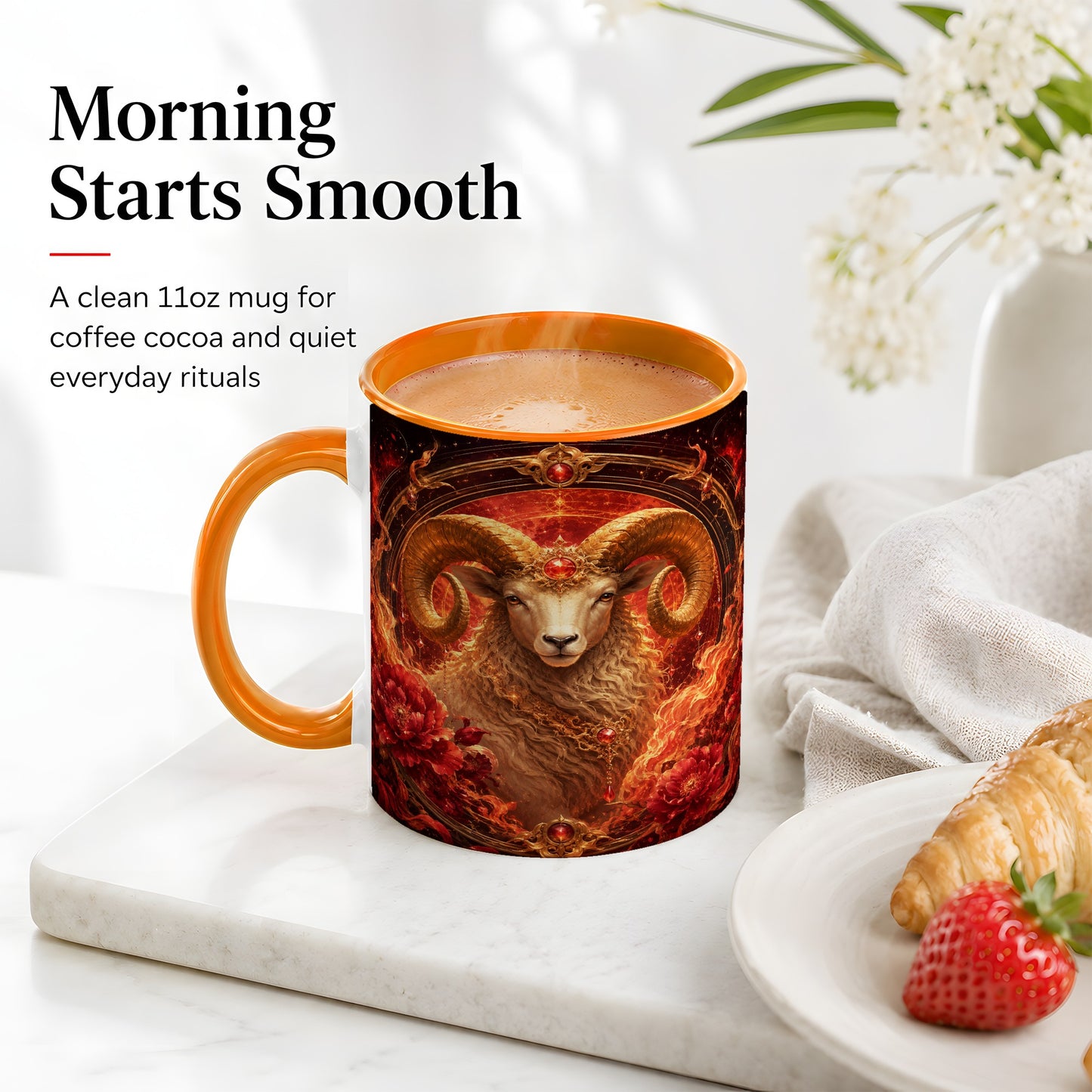 #pl[11oz|Orange] Aries Ram Ceramic Mug, Fiery Zodiac Celestial Floral Art