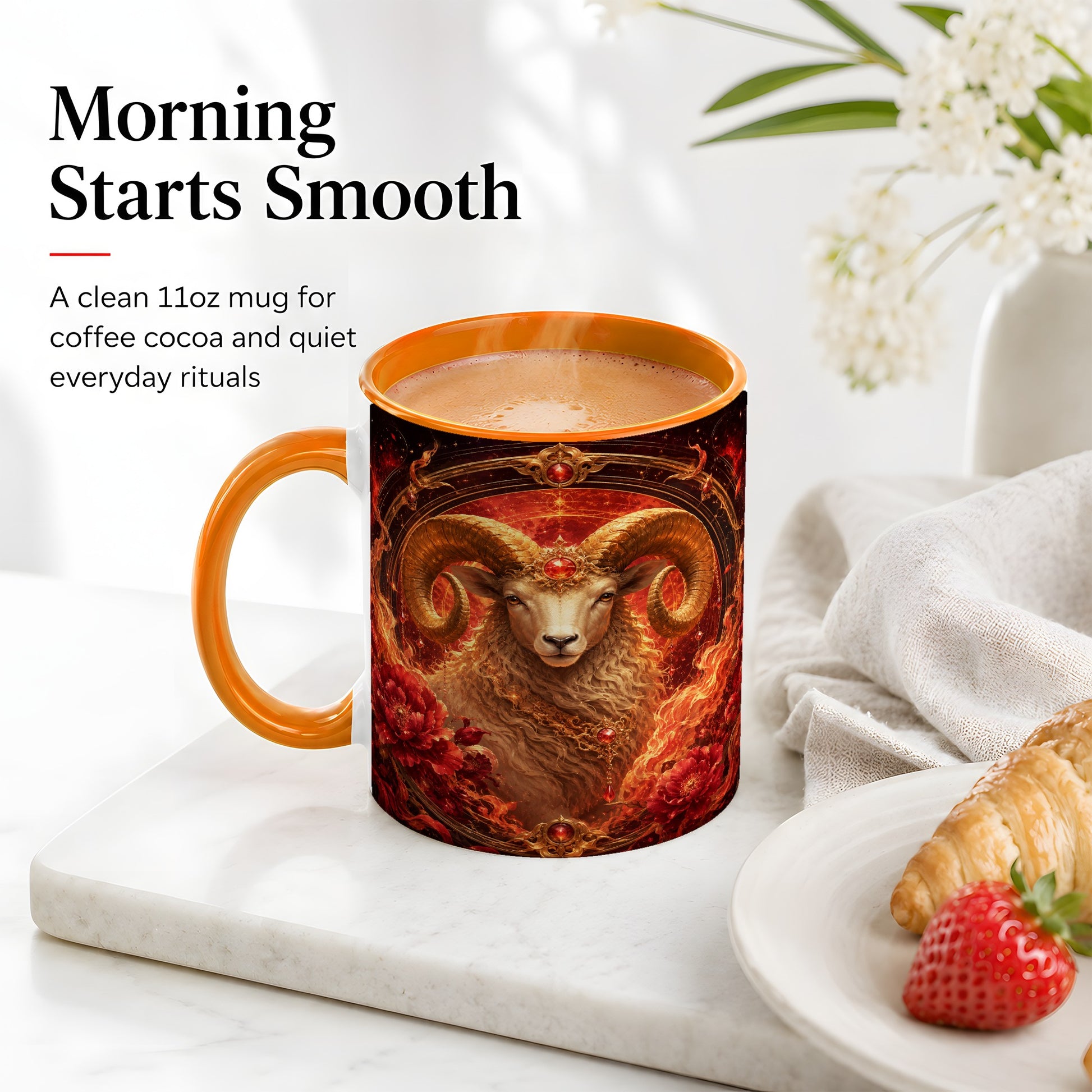 #pl[11oz|Orange] Aries Ram Ceramic Mug, Fiery Zodiac Celestial Floral Art