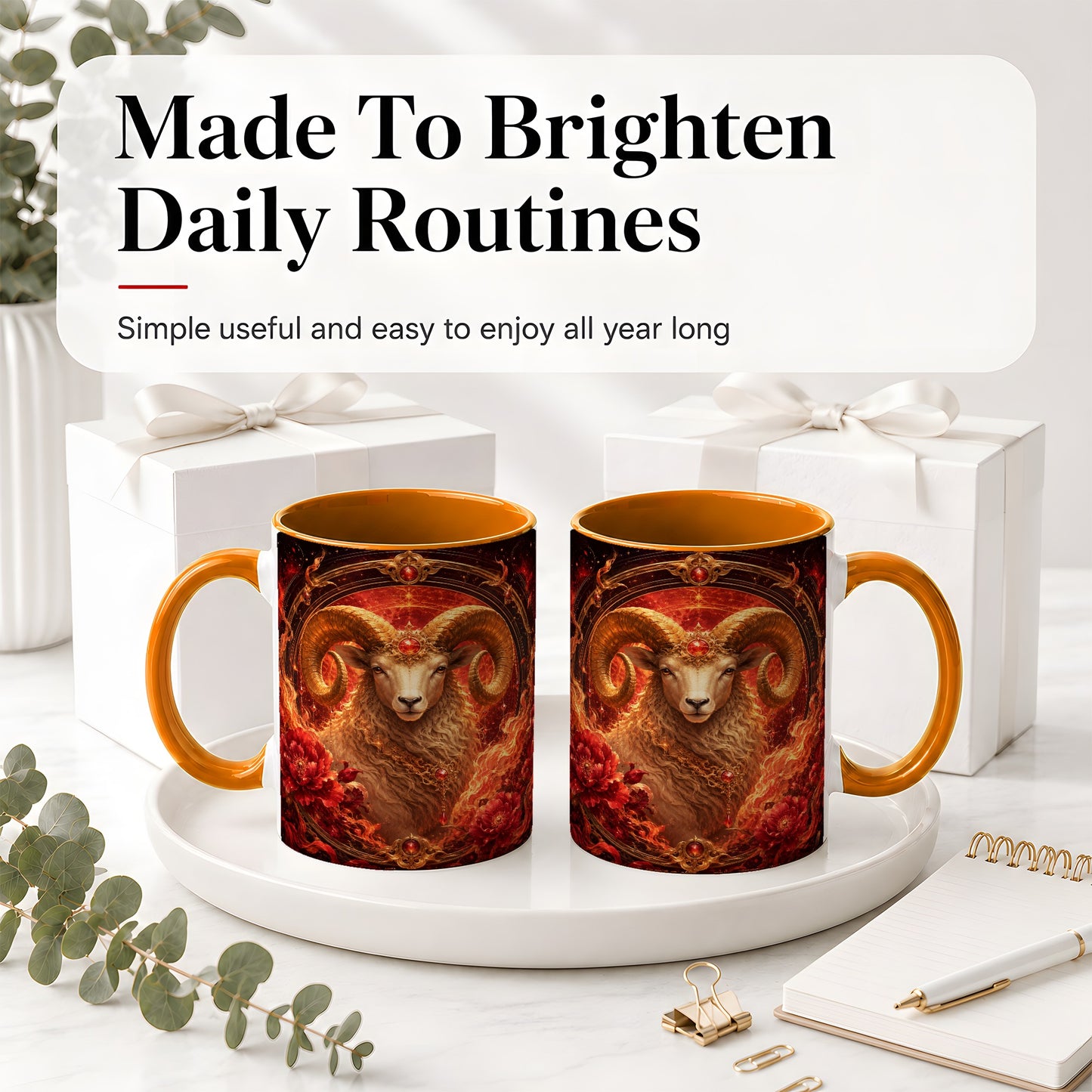 #pl[11oz|Orange] Aries Ram Ceramic Mug, Fiery Zodiac Celestial Floral Art