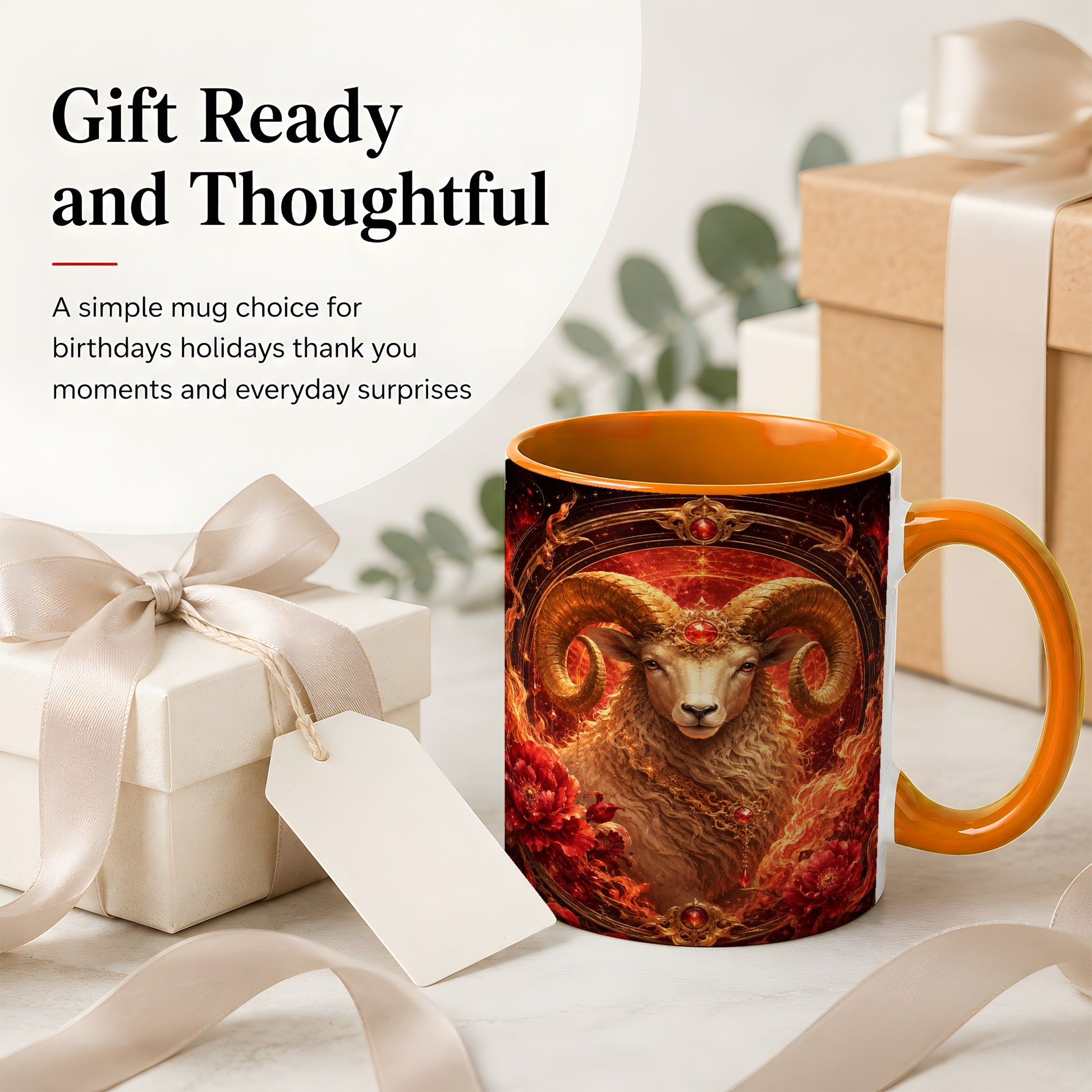 #pl[11oz|Orange] Aries Ram Ceramic Mug, Fiery Zodiac Celestial Floral Art
