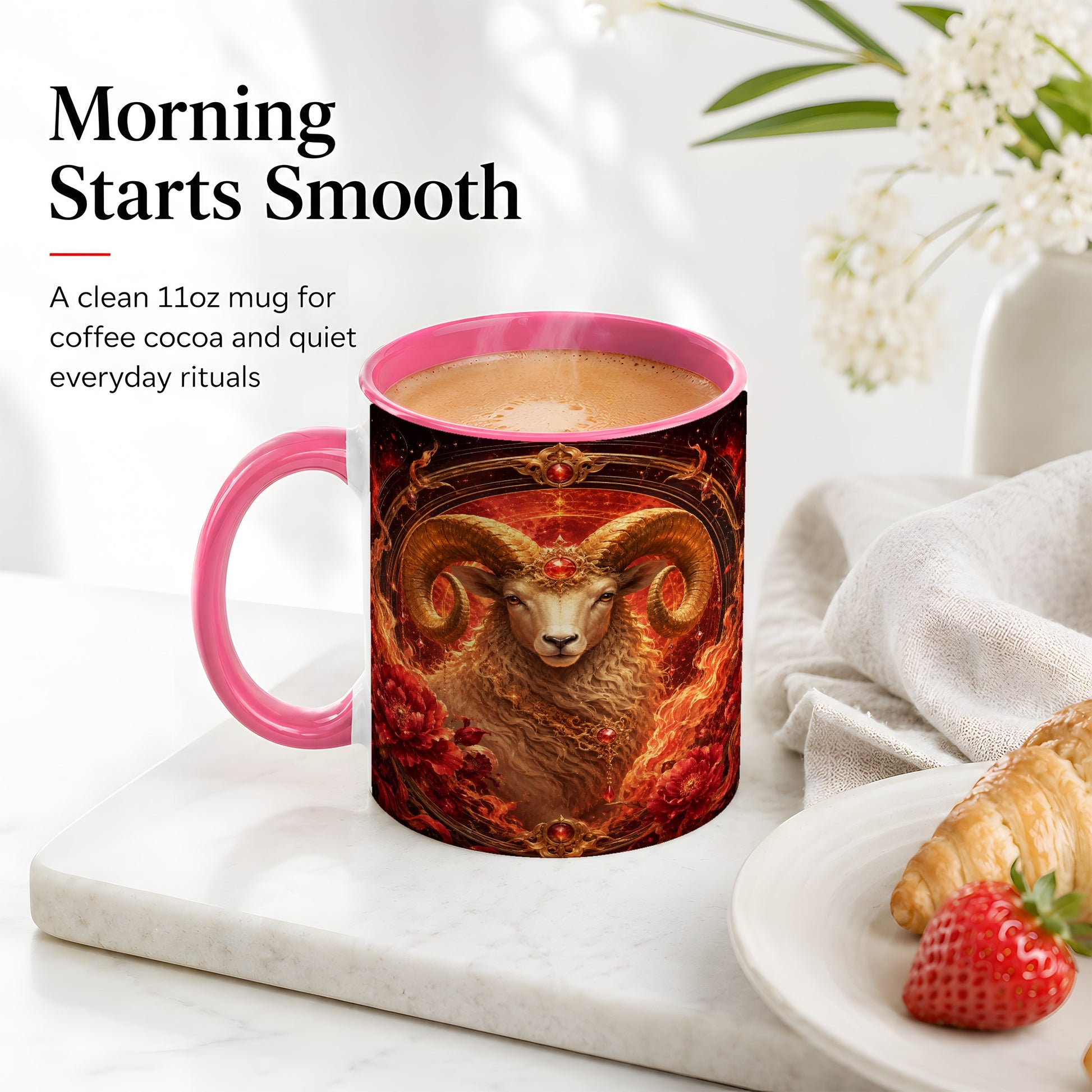 #pl[11oz|Pink] Aries Ram Ceramic Mug, Fiery Zodiac Celestial Floral Art